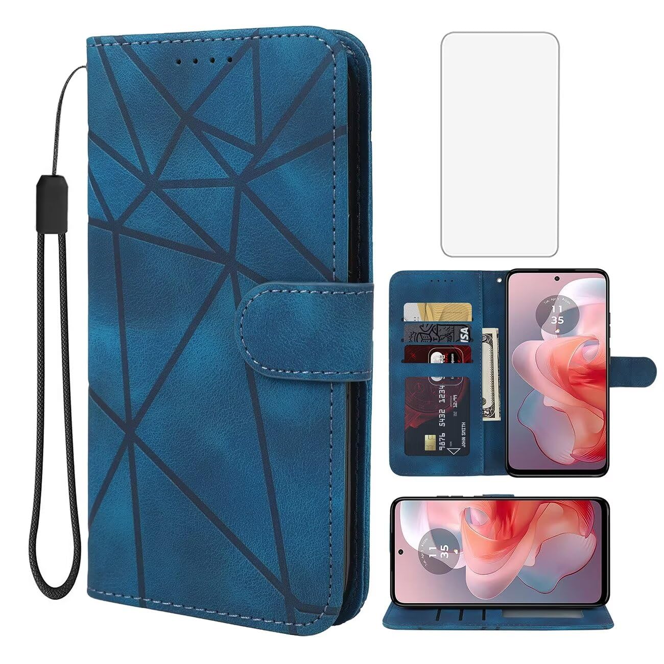 Wanyuexes Case for Moto G Power 2024/Motorola G Power 2024 5G Wallet Case with Tempered Glass Screen Protector, Leather Flip Credit Card Holder Stand Phone Cover for Motorola Moto G Power 5G 2024 Blue