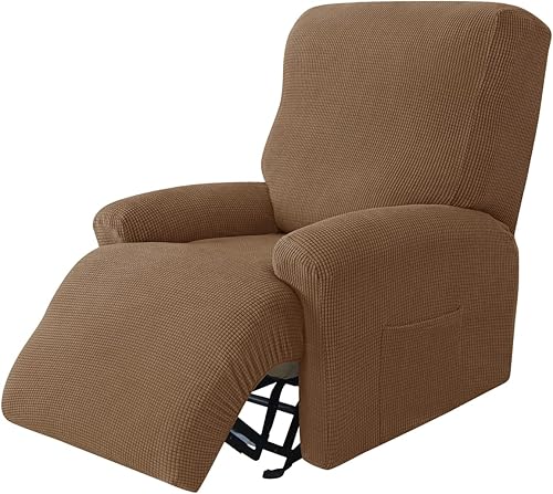 VIENLOVE Funda elástica de jacquard para silla reclinable, funda de sofá de 4 piezas, funda protectora de muebles de poliéster con bolsillo lateral,