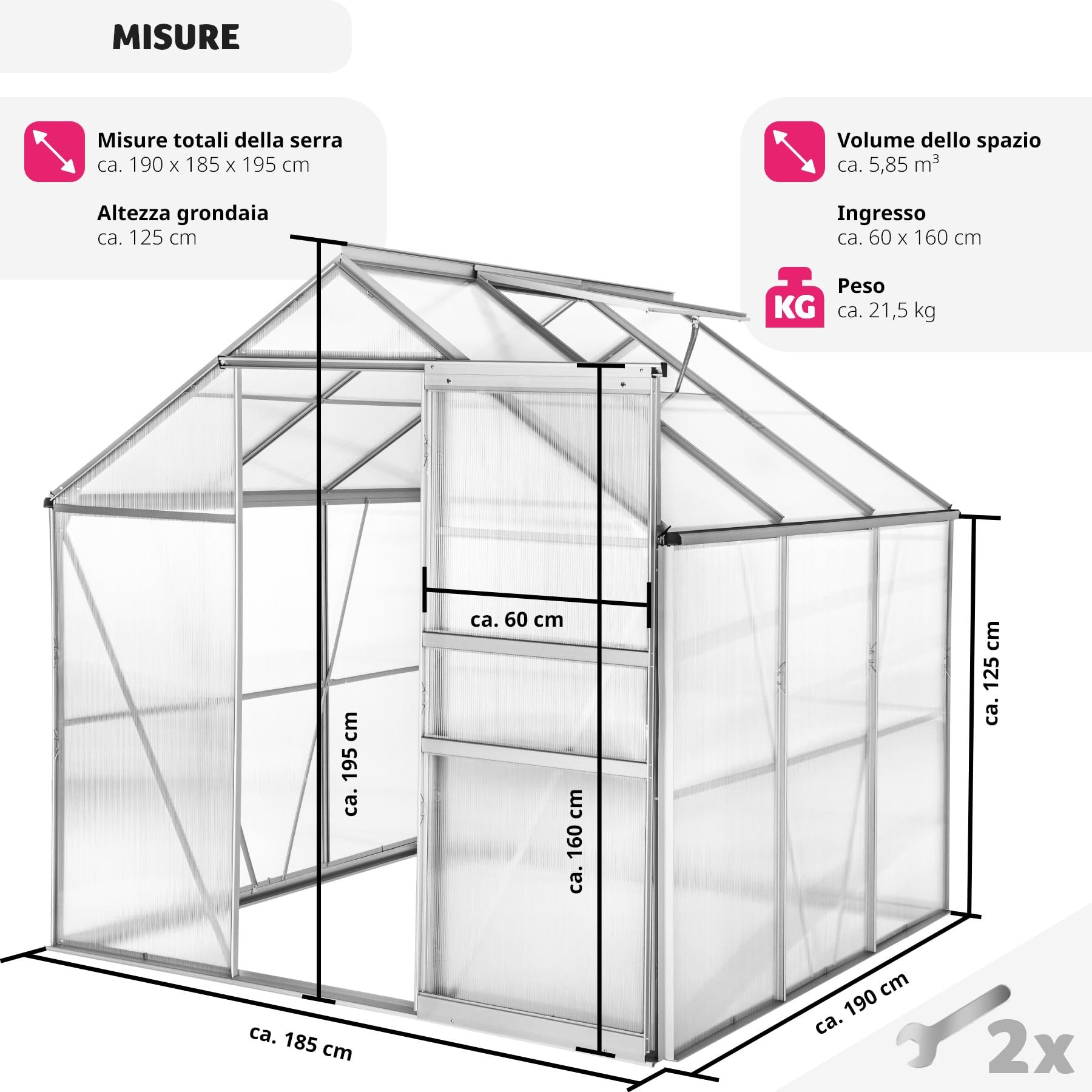tectake® Serra da Giardino con Telaio in Alluminio Anodizzato, Serra per Orto con Lastre Alveolari Termoisolanti, Serra con Porta Scorrevole, Finestra a Tetto per Ventilazione - 190x185x195 cm