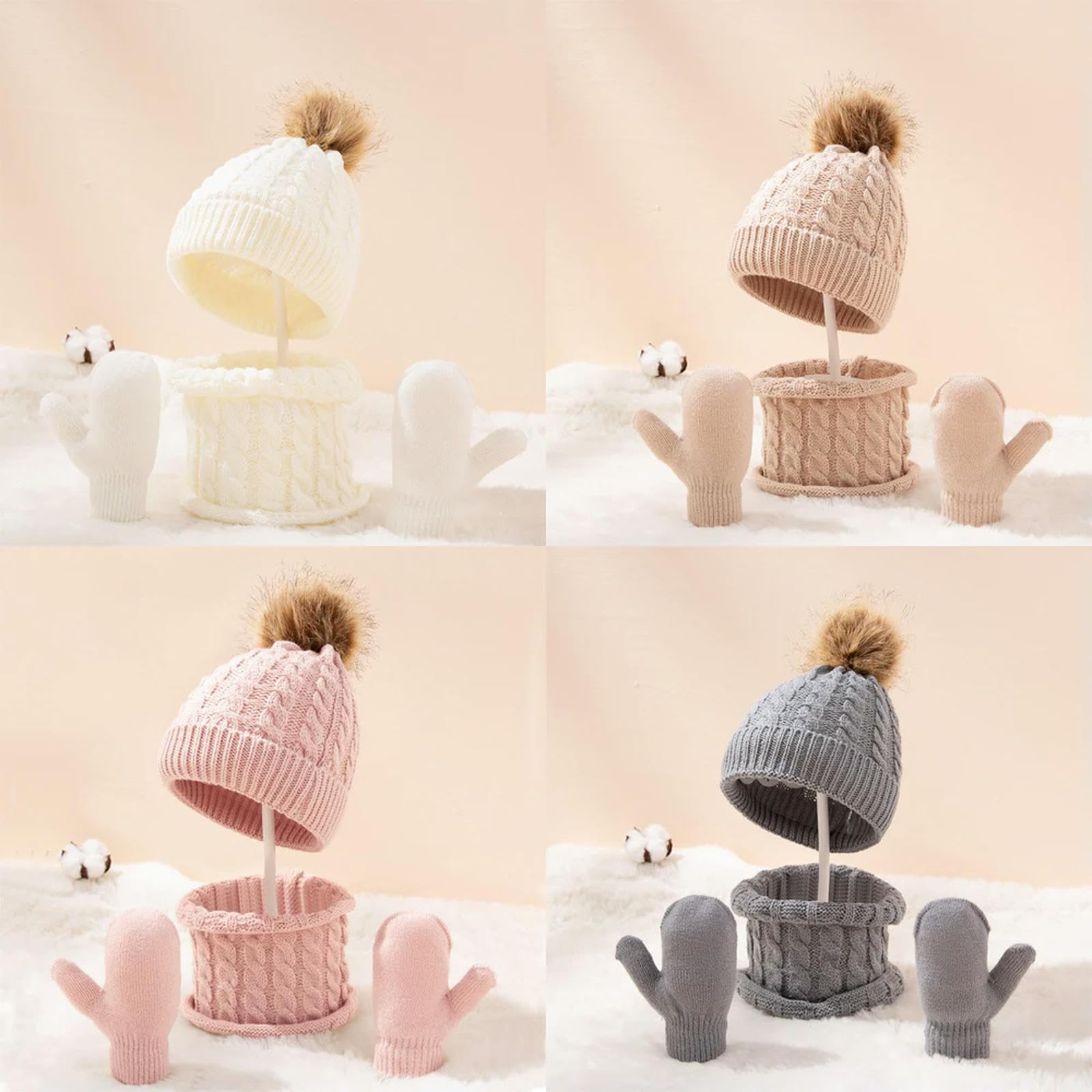 3-teiliges Winter-Set für Babys, Mütze, Schal und Handschuhe, einfarbig, für Kleinkinder, mit Bommel, Strickmützen, warmes Outdoor-Zubehör für Kleinkinder, süß (Hellgrau A)