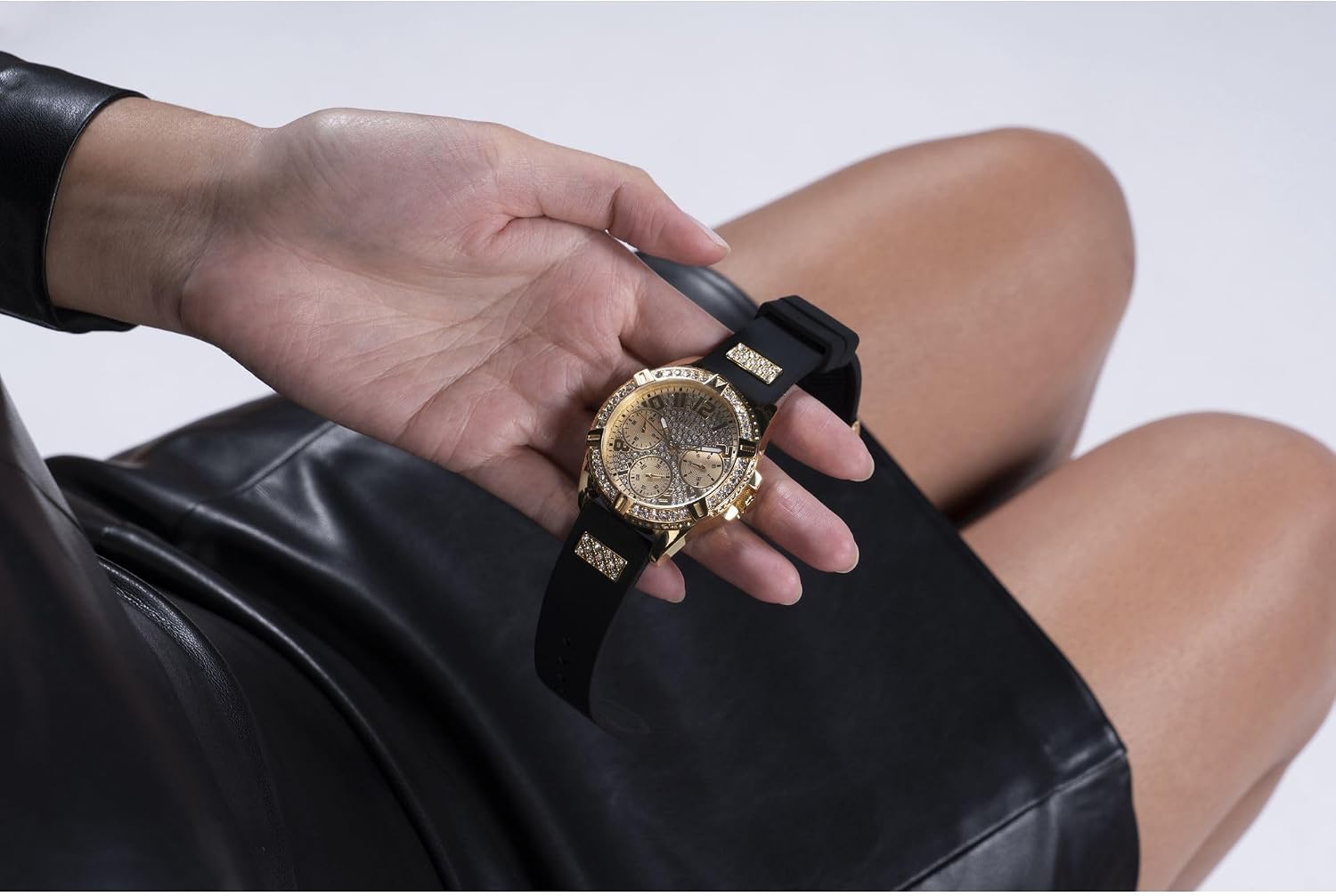 Guess Gold-Tone Stainless Steel Crystal Encrusted Dial with Black Stain Resistant Silicone Watch