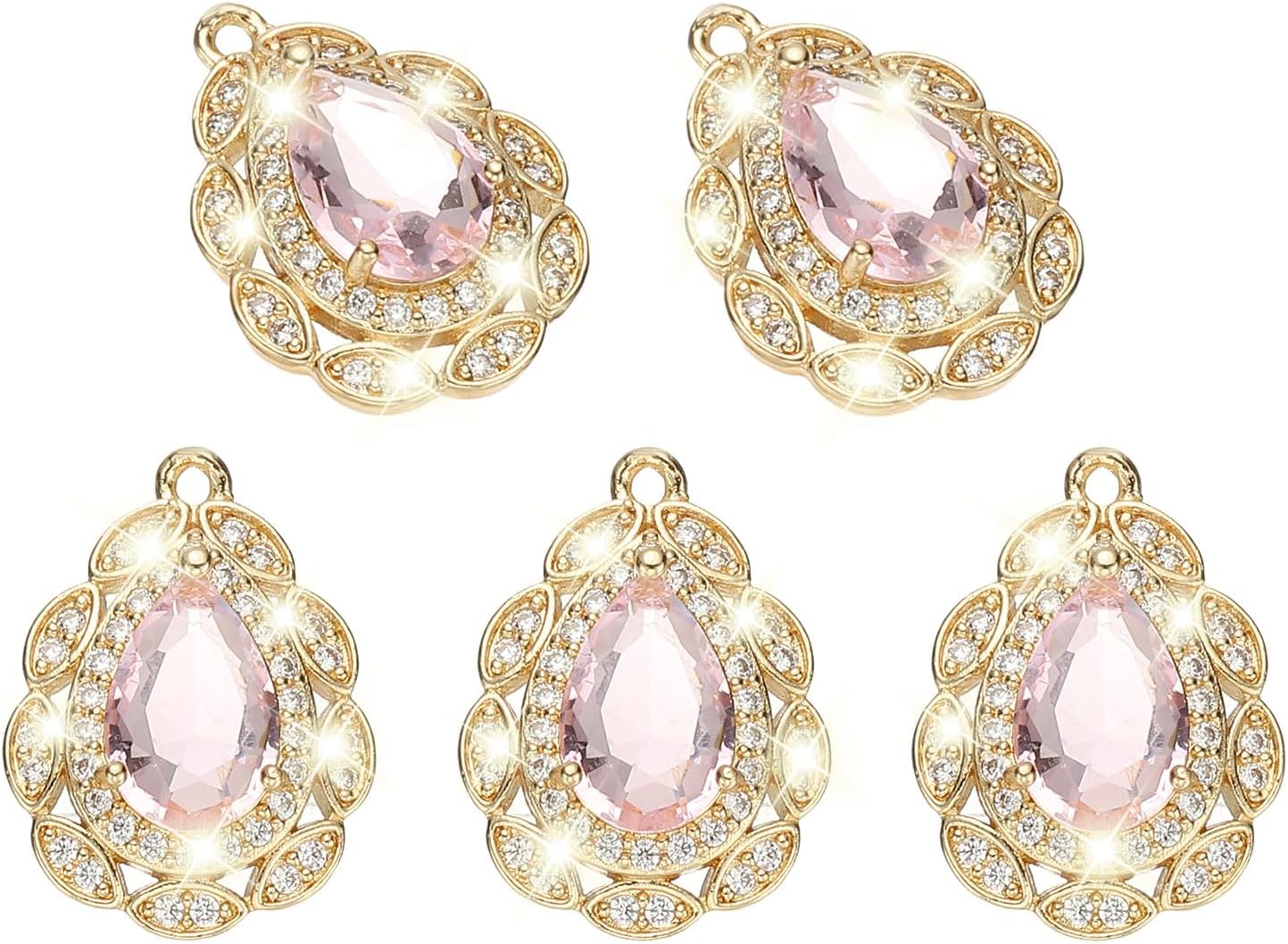 YOKIVE 5 Pcs Teardrop Charms, Zirconia Gold Plated Pendants Crystal Charm Dangle Pendant, Great for Necklace Earring Bracelet Jewelry DIY Craft(Pink)