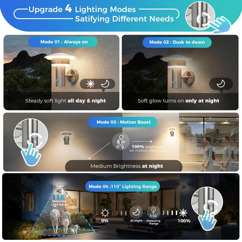 NBHANYUAN Lighting® LED 4 Modi Außenlampe mit Bewegungsmelder und Dämmerungsschalter Aussenwandleuchten Silber SUS316 Edelstahl 3000K Warmweiß Licht 220-240V 1000LM 9W IP54 (mit PIR Sensor)