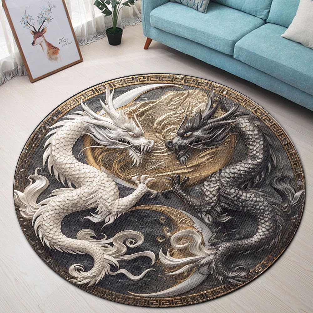Personalized 3D Yin Yang Asian Dragon Element Area Rug, Anti-skid Lounge Mat, Indoor Decorative Throw Carpet, Suitable for Leisure Area Bedside Accessories Cloakroom, White and Black Dragon -2
