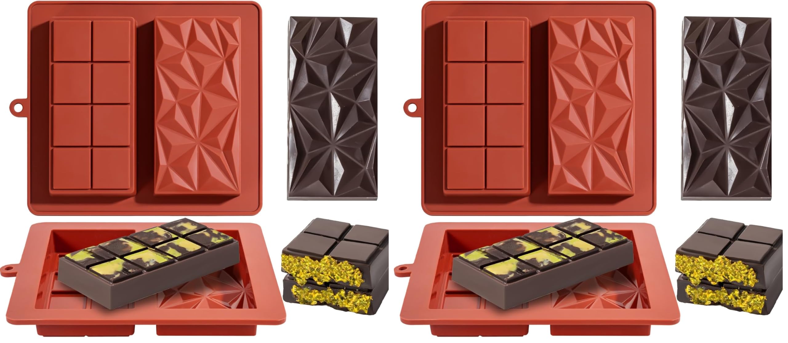 UWILLION Chocolate Bar Mold Deep Dubai 1 Inch 2 Pcs Pistachio Chocolate Bar Silicone Thick Mold for Stuffed Bar, Large Candy Bar Mould for Filling (Pack of 2)