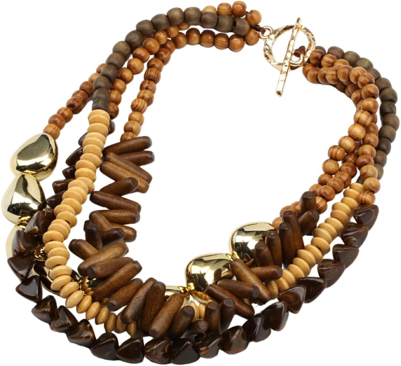 Multistrand Wooden Beaded Necklace for Women Chunky Statement Gold Color Charm Pendant Tribal Ethnic Fashion Elegant Jewelry - Image 4