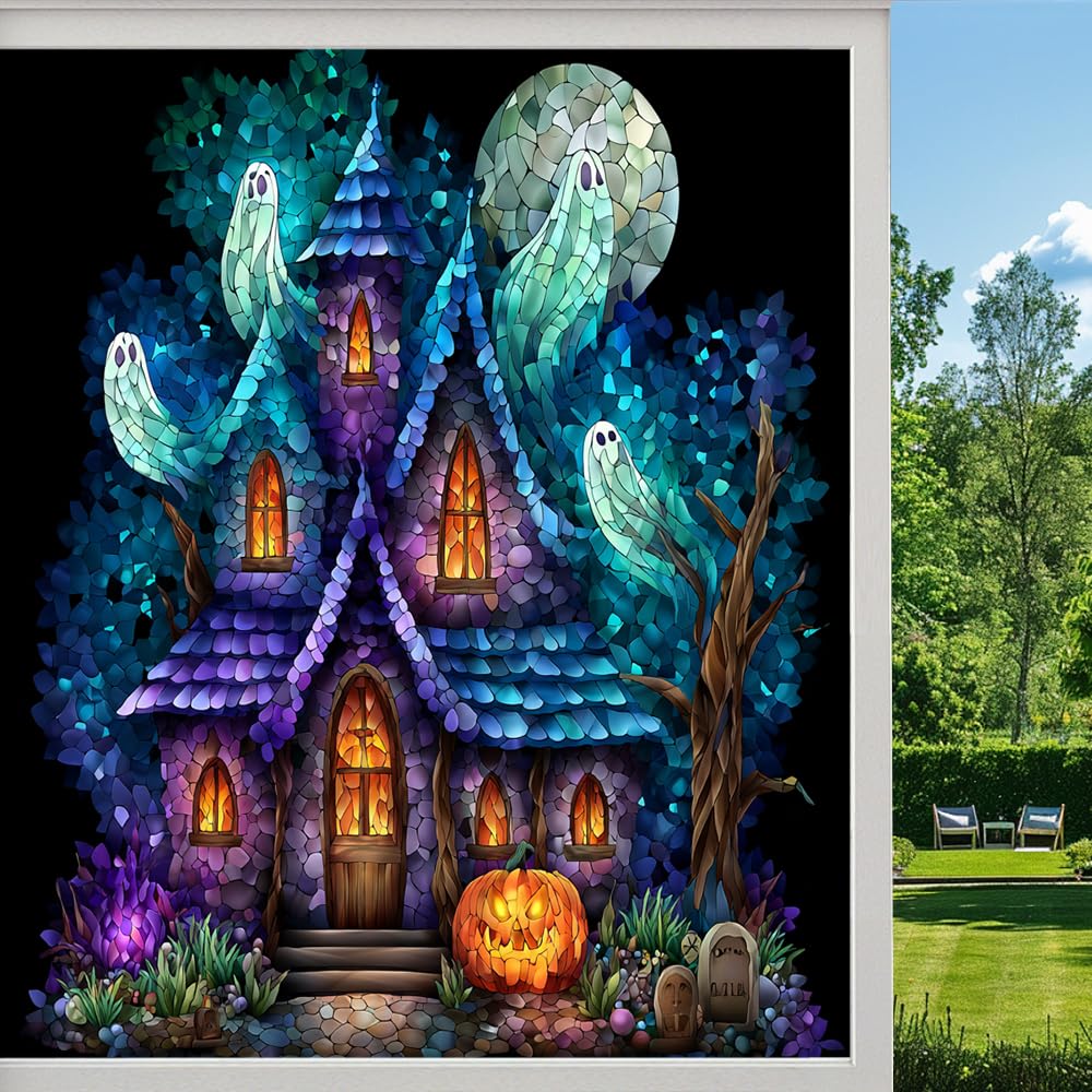 Fantasy Castle Frosted Window Film, Halloween Pumpkin Night Stained Glass Privacy Film, Heat Insulation Self-Adhesive Vinyl for Bathroom Office,（55x100cm）