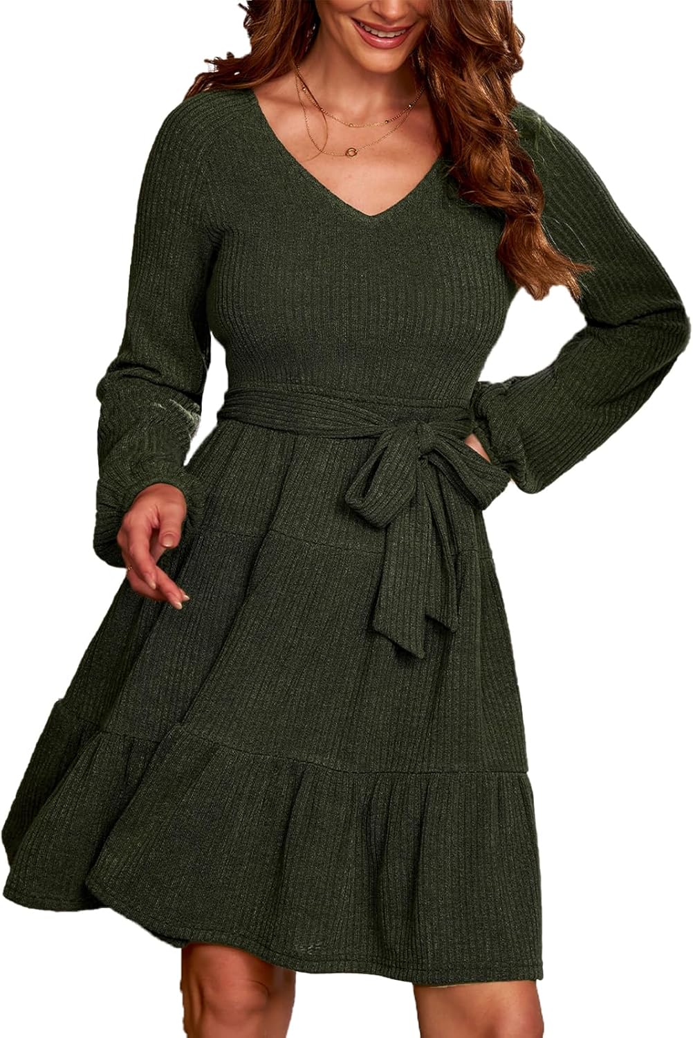 CUPSHE Women's Fall Sweater Dress Long Sleeve V Neck Waist Tie Casual Ruffle Mini Dress