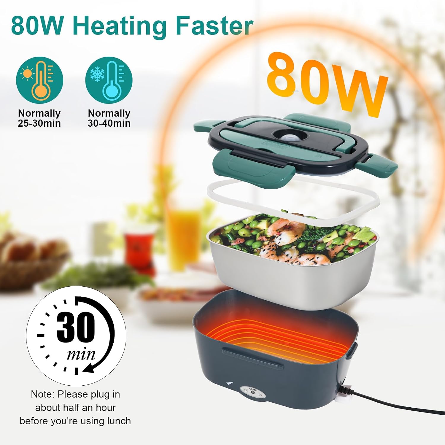 Electric Lunch Box Food Heater, 80W Portable Warmer for Car Truck Work with 304 Stainless Steel Container, 12V/24V/110V Green Heated Lunch Box Suitable for Ideal Driver/Work/Gift, view 2