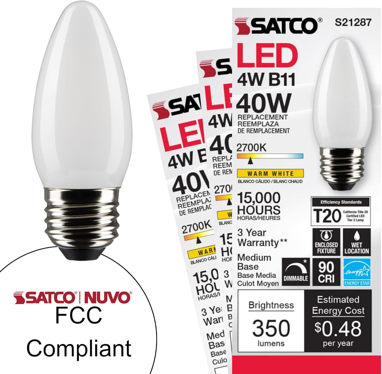 Satco S21287 4 Watt B11 LED Light Bulb, Frost, Medium Base (E26), 90 CRI, 2700K Warm White, 120V, Dimmable, 350 Lumens (2 Pack)