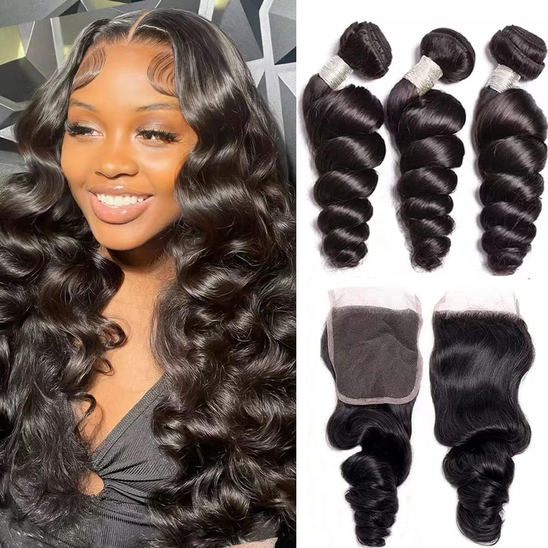 Loose Wave Human Hair 3 Bundles with 4x4 Lace Closure 12A Brazilian Virgin Hair Weave Bundles Loose Deep Wave with Closure (26 28 30+22in) Double Weft