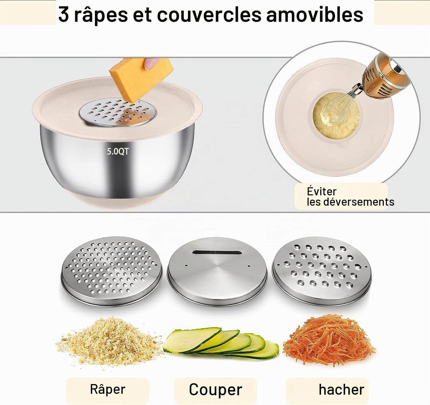 Terlulu Lot de 6 saladiers en acier inoxydable avec couvercle et fond en silicone, 3 embouts de râpe, 4,7 l/3,8 l/2,8 l/1,9 l/1,4 l/0,6 l, antidérapants et empilables, kaki