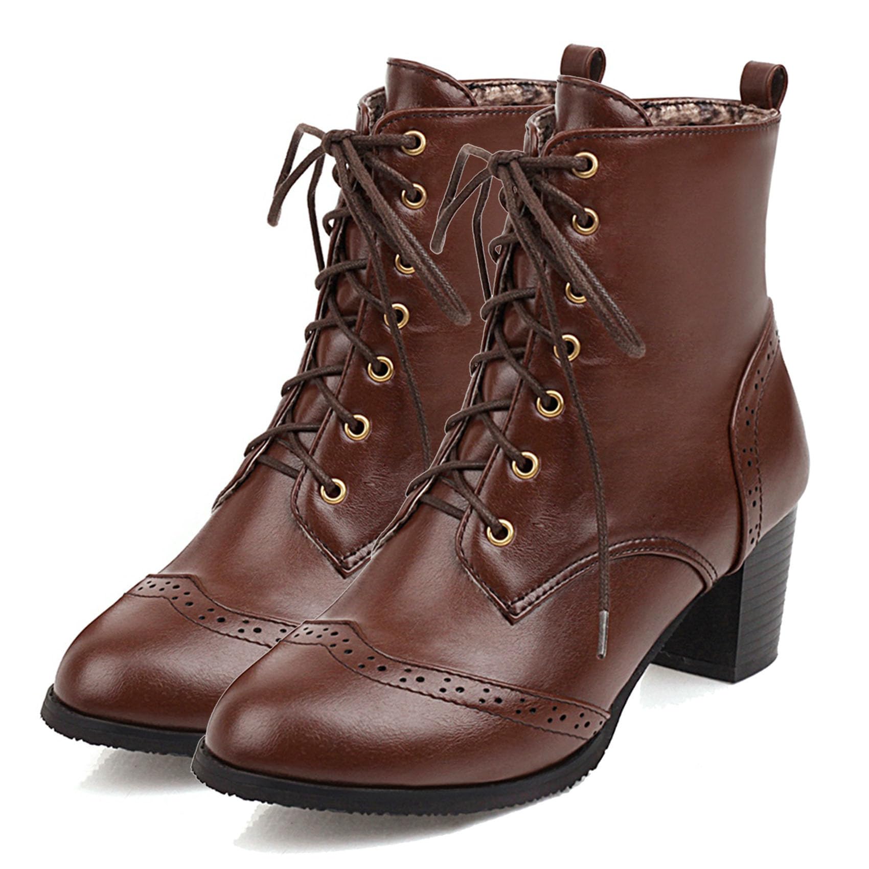 SHEMEE Womens Wingtip Block Heels Ankle Boots Lace-Up Stacked Chunky Heel Booties Round Toe Short Boots