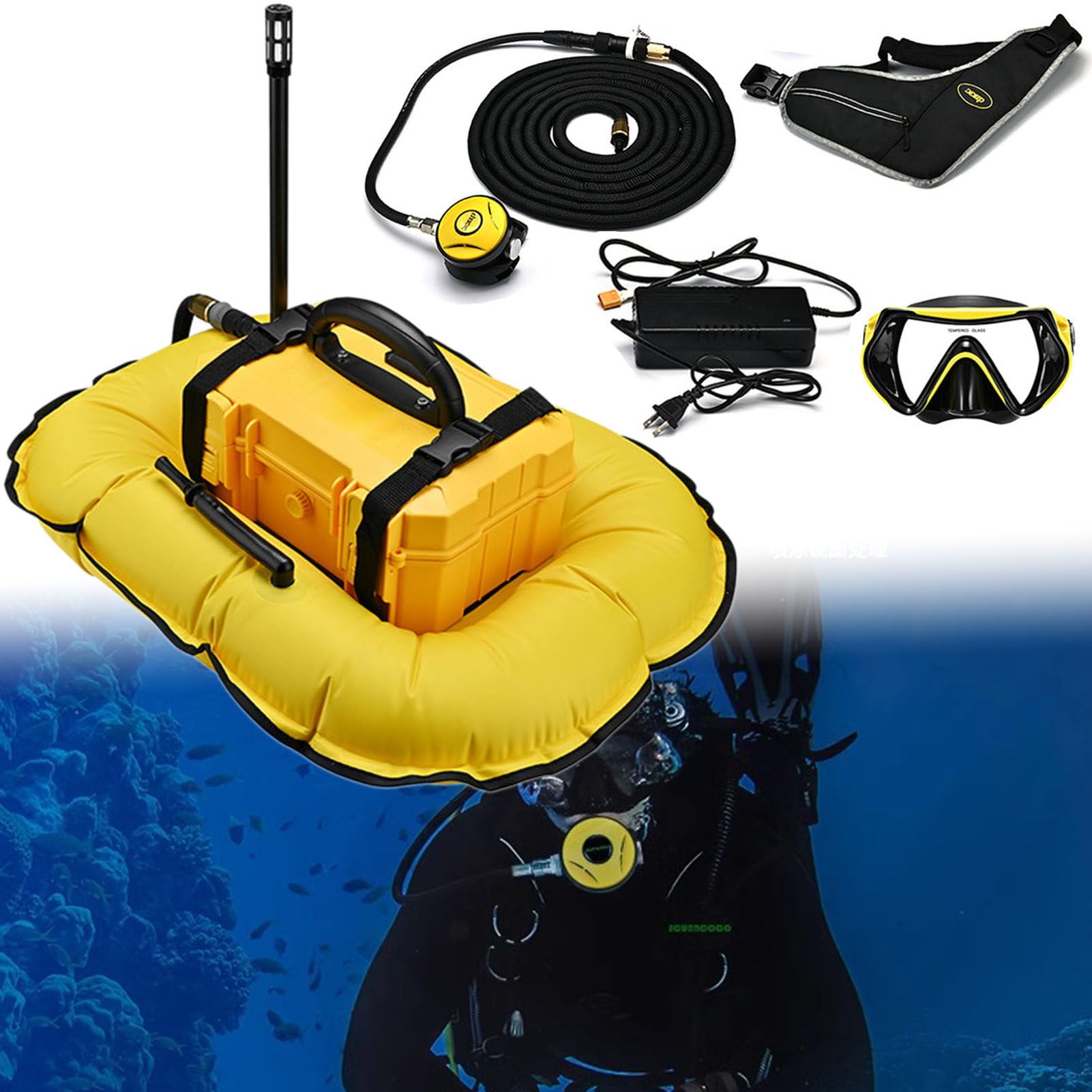 LYDZUSDP Diving Ventilator,Rechargeable Scuba Diving System,Waterproof Air Compressor with Diving Breathing Regulator Scuba Diving System for Recreational Diving(Yellow D4000)