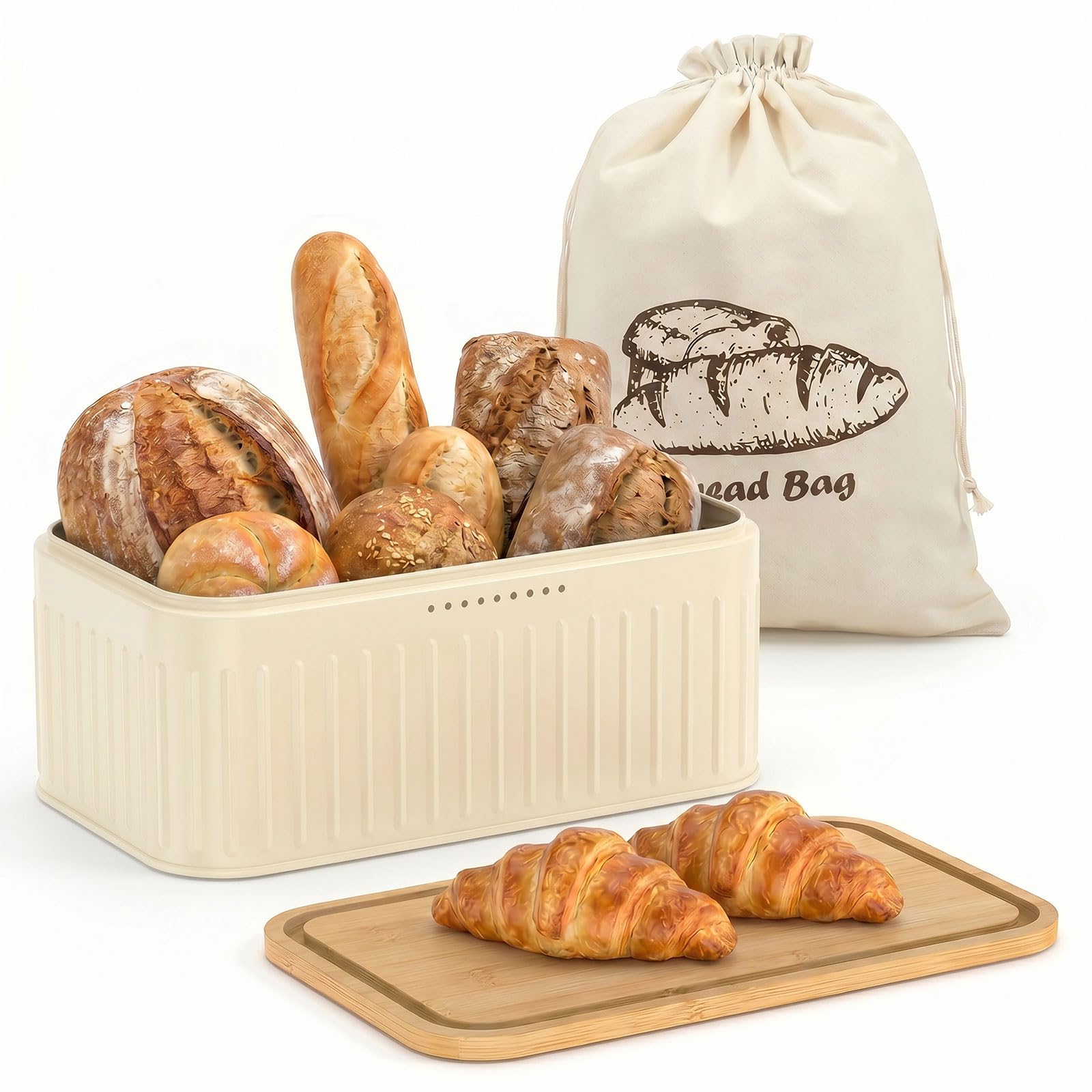 ZEJEXXB Bread Bin with Bamboo Cutting Board Lid and Cotton Bag Metal Bread Storage Container with Airy Holes to Keep Toast Fresh for Loaves, Pastries, Rolls(Beige)