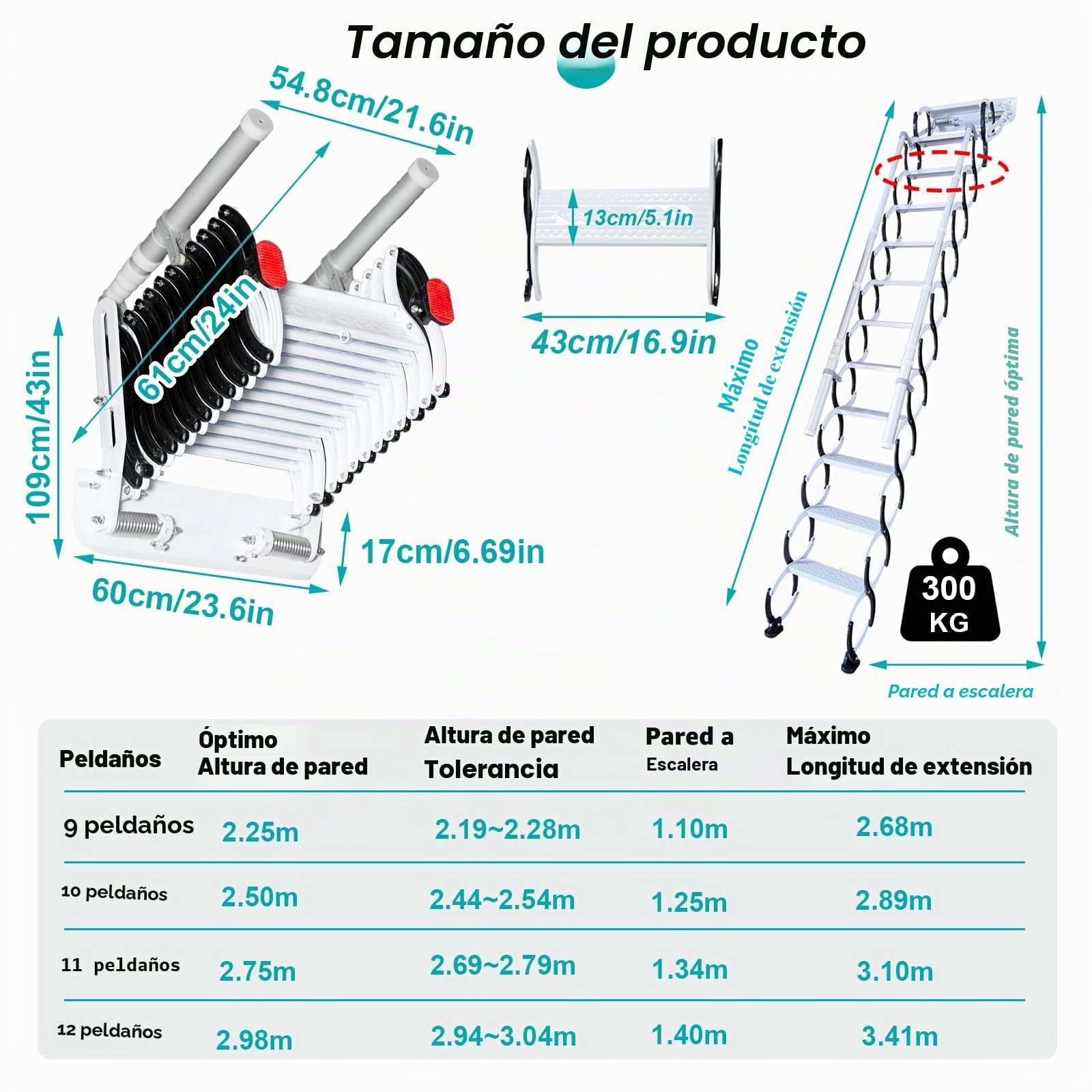 Escalera Plegable de Pared con 2 pasamanos, Escalera Telescópica para Ático Plegable, Capacidad 300 kg, Altura aplicable de 2.69 a 2.79 m (11 escalones)