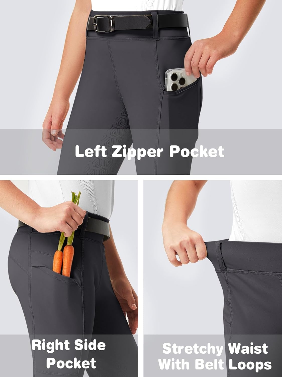 FitsT4 Sports Girls Riding Pants Full Seat Kids Equestrian Breeches Stretchy Youth Horse Schooling Tights Zipper Pockets - Image 6