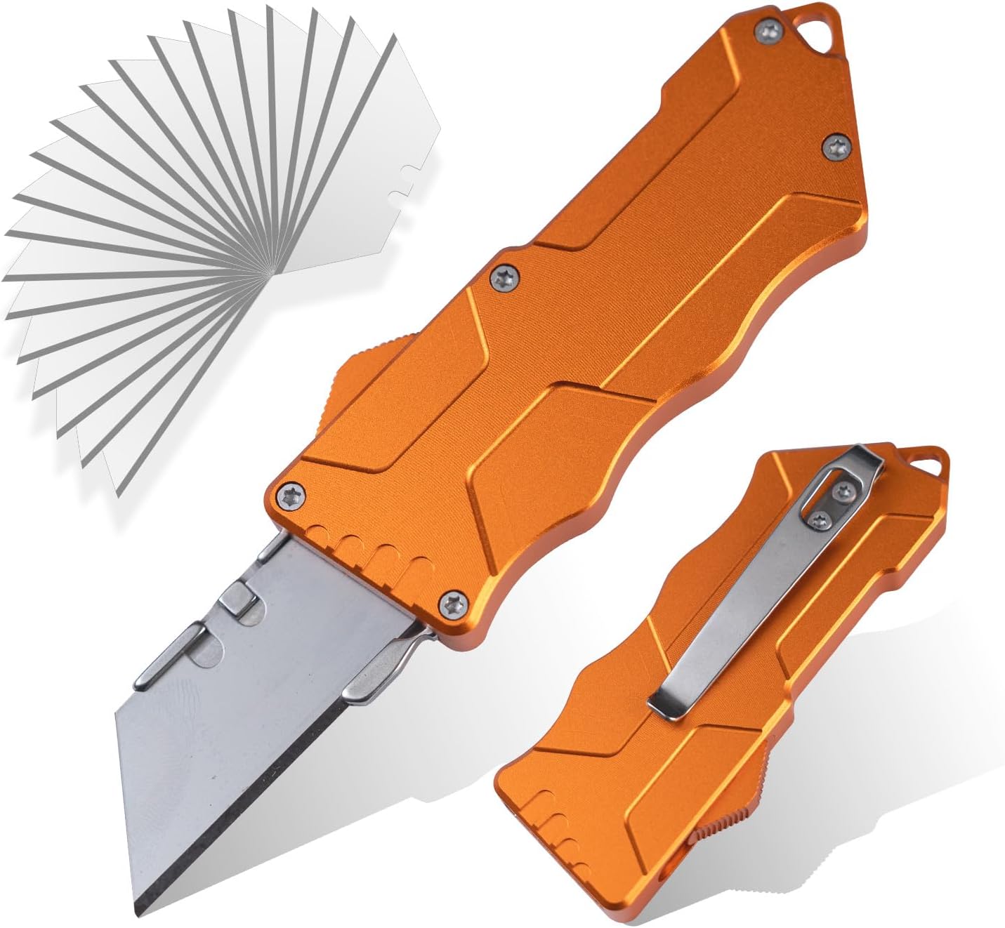 XXOK Automatic utility Knife EDC Auto Box Cutters Retractable Heavy Duty Cardboard Cutter Replaceable Blade Pocket Knife With Clip With 20pcs Spare Blades Orange