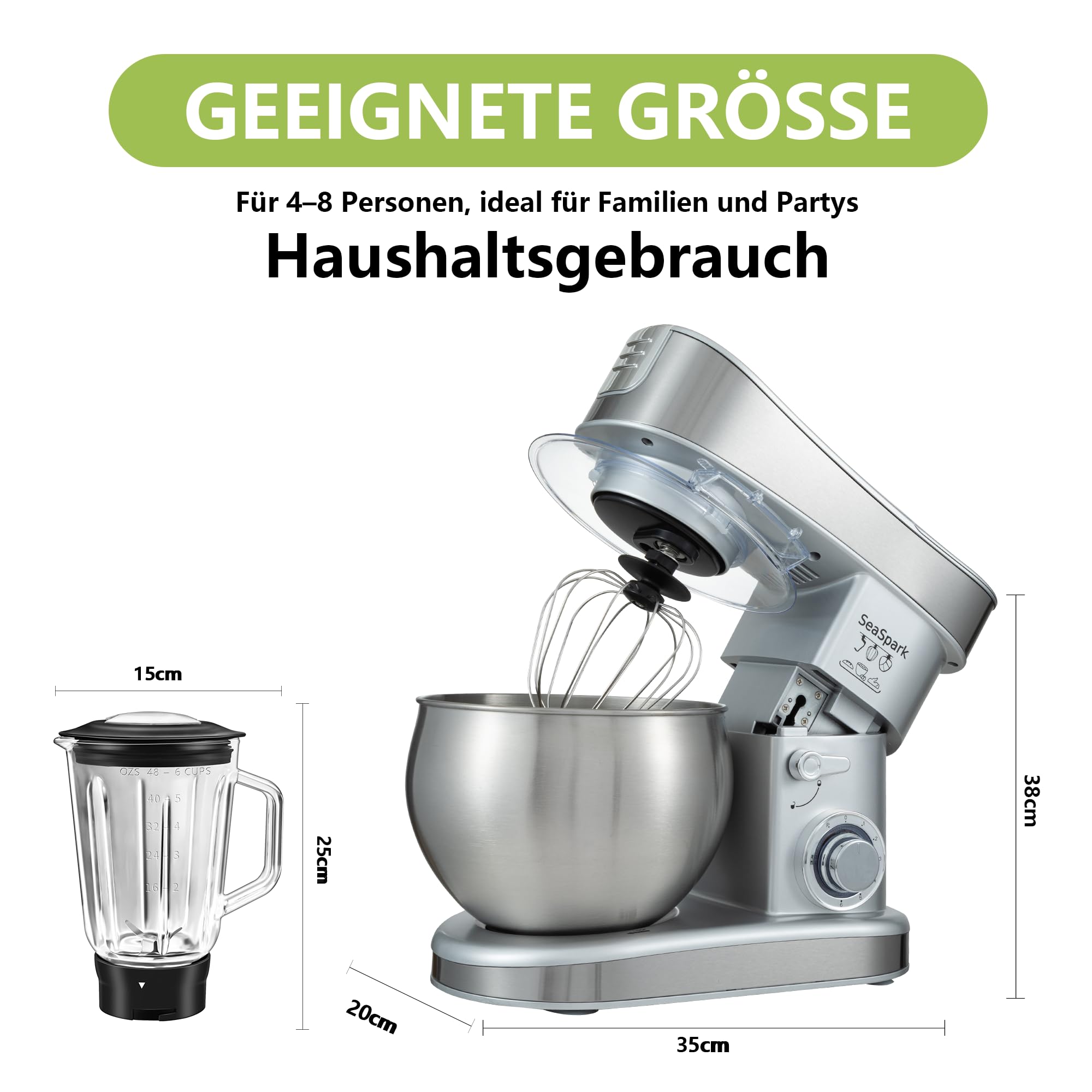 Küchenmaschine, 6 L Knetmaschine 1200W, 6 Geschwindigkeits Küchenmaschine, Teigmaschine mit Rührhaken, Knethaken, Schneebesen und Spritzschutz, Silber