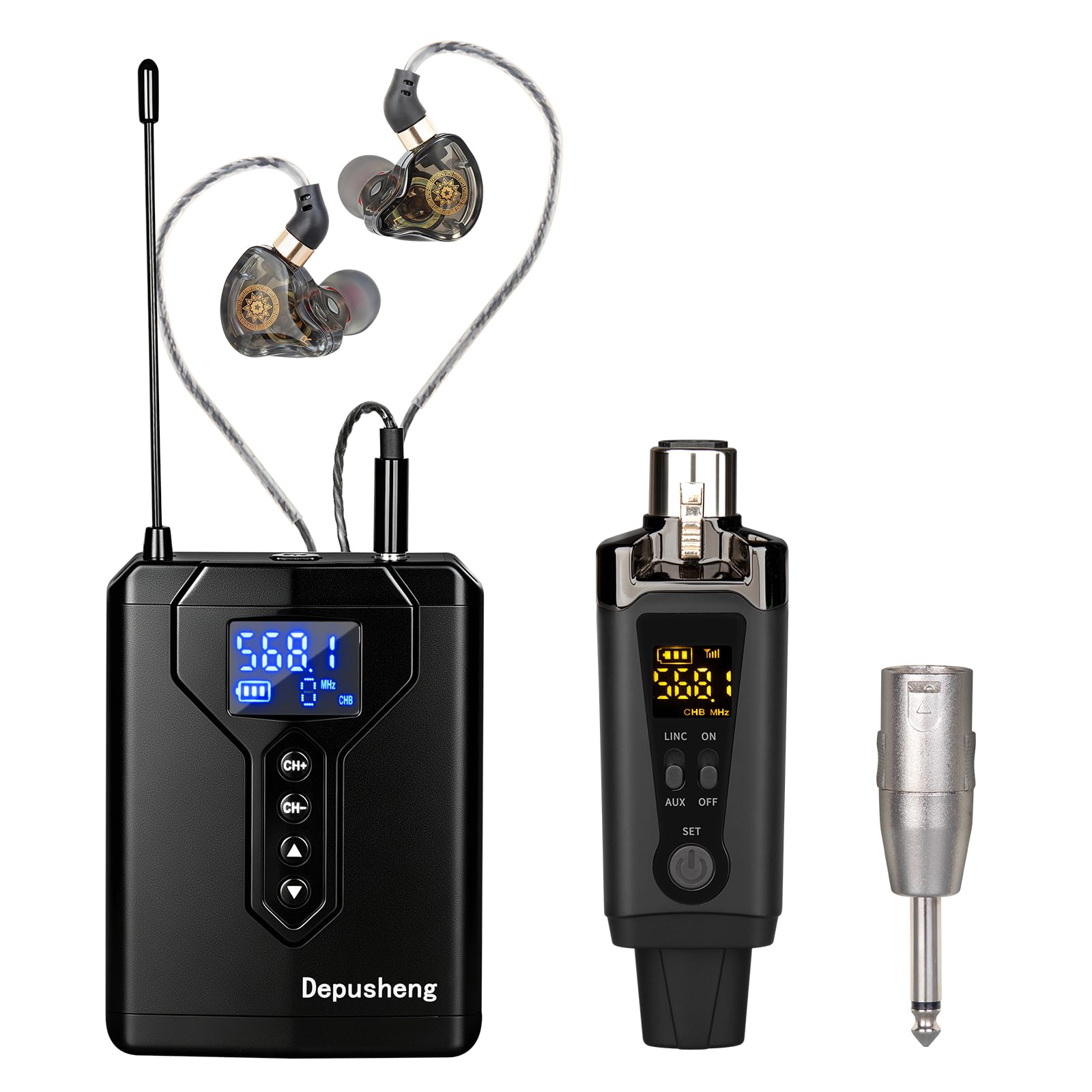 Depusheng MA5 Drahtloses In-Ear-Monitorsystem mit Sender und Empfängerclip, automatischer Kopplung, In-Ear-Monitoring für Studio, Gitarre, DJ und Live-Auftritte (1 Receiver + 1 Transmitter)