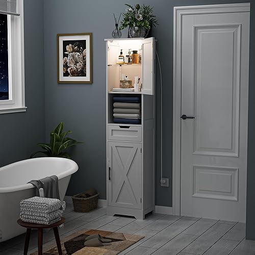 Onelike Armario de almacenamiento de baño de 67 pulgadas de alto con luz, 16 pulgadas de ancho, angosto, delgado, independiente, con puertas y