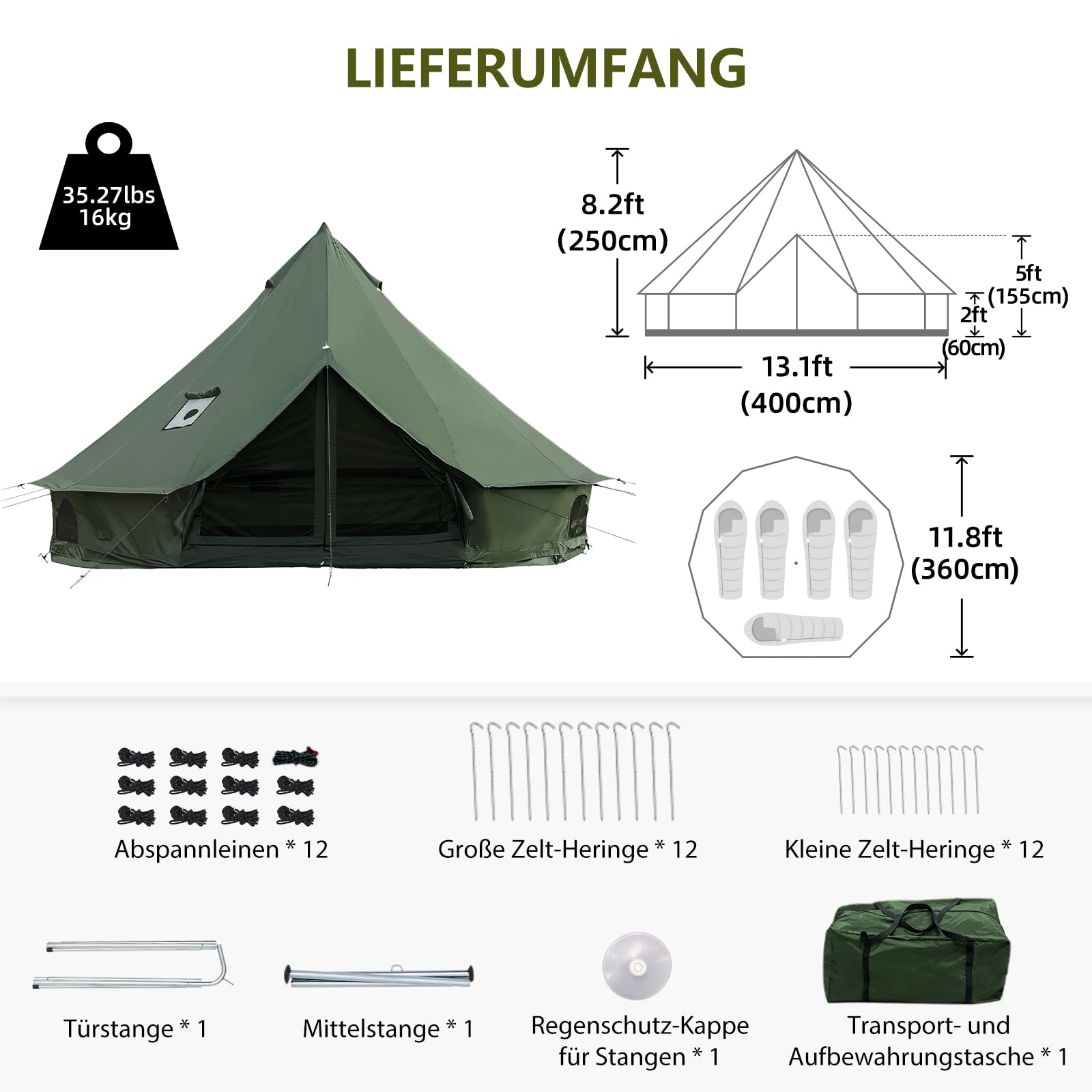Oxford Bellzelt für Familien-Camping – Geräumige 4m Jurte mit Ofenanschluss, 4-Jahreszeiten Outdoor Glockenzelt Glamping-Zelt für 4-6 Personen