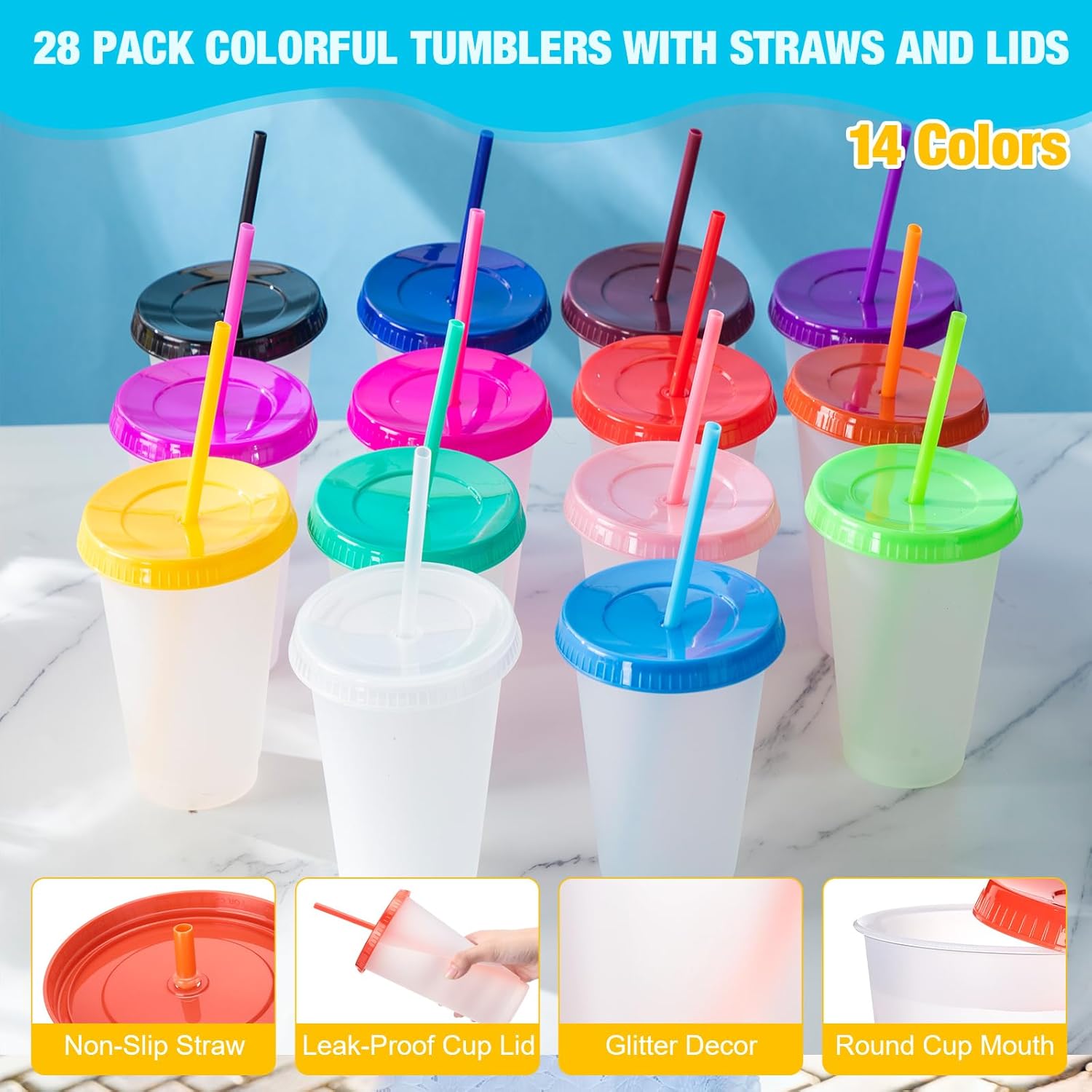 Hsei Reusable Plastic Tumbler with Straw and Lid Bulk -clear Plastic Cups with Lid and Straw for Iced Coffee Water Smoothie Water Bottle Travel Mug Cup for Birthday Party Gifts(28 Pack,24 oz) - Image 3