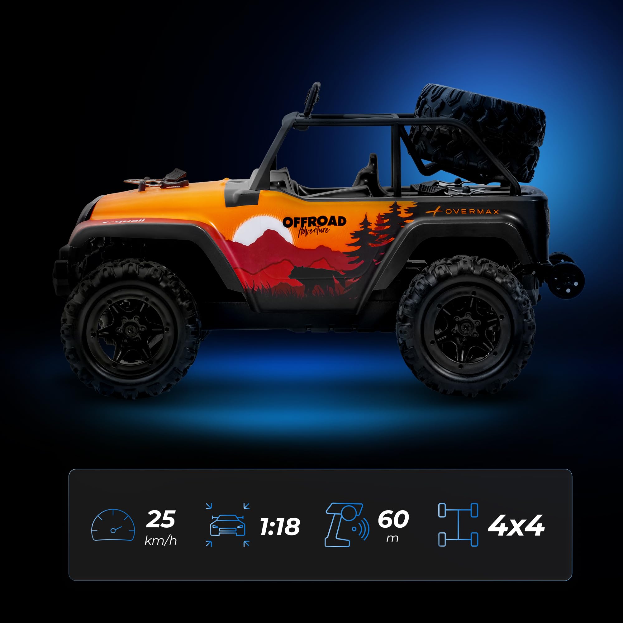 Lionelo Overmax X-Quail zdalnie sterowany samochód od 6 lat, RC Auto 4WD 1:18 do 25 km/h, Offroad Monster Truck z 2 akumulatorami, czas jazdy 40 min, LED, funkcja Wheelie, 2,4 GHz RC Crawler
