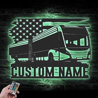 Custom Text Metal Sign - Custom US Airport Bus Driver Metal Wall Art LED Light Personalized Air Vehicle Name Sign Home Decor Mechanic Repair Decoration, Black