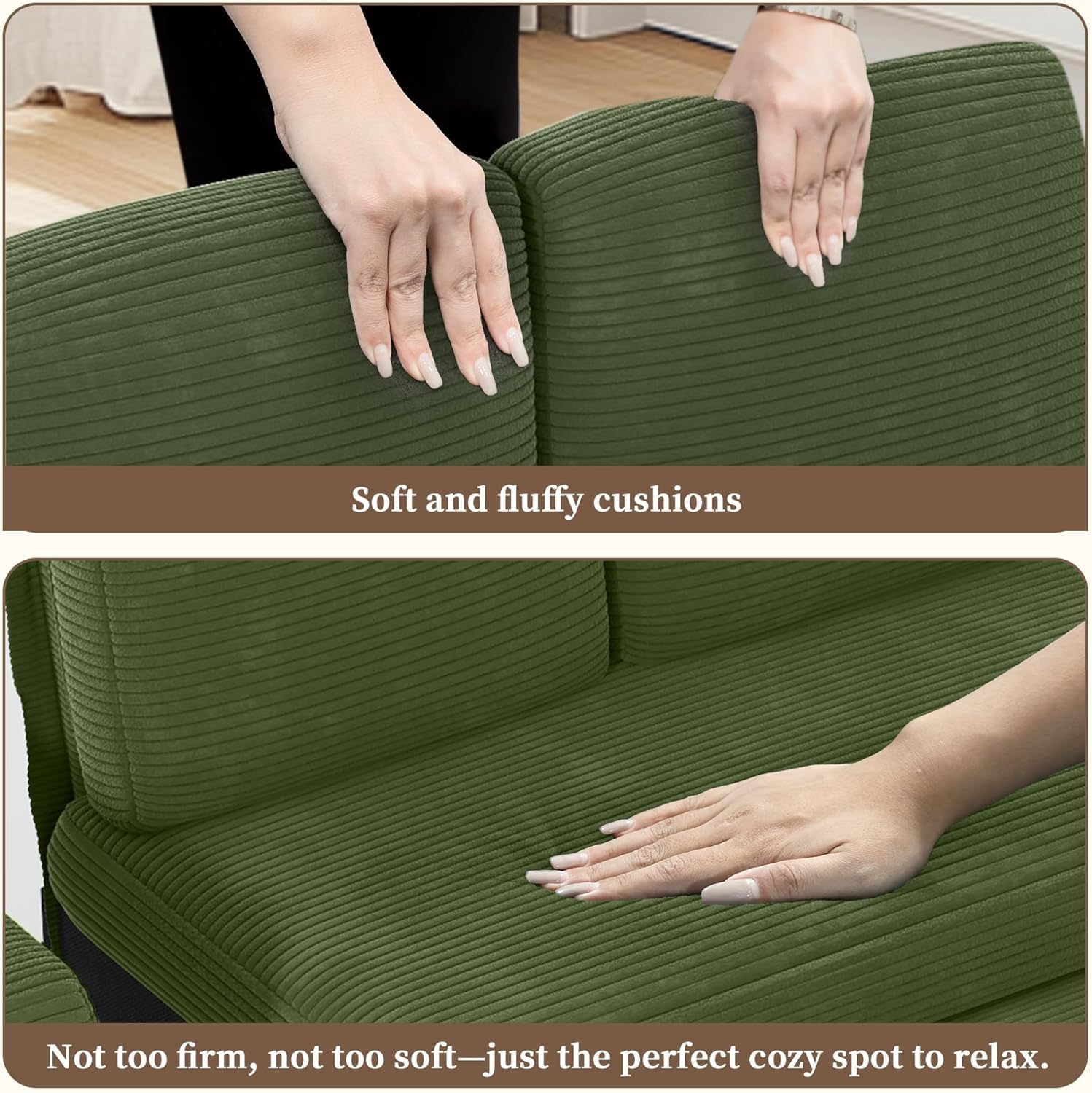 Sofá cama de 7 plazas en forma de U con cama nido, sofá modular en la nube con chaise longue de almacenamiento, puerto USB, respaldo ajustable, pana verde