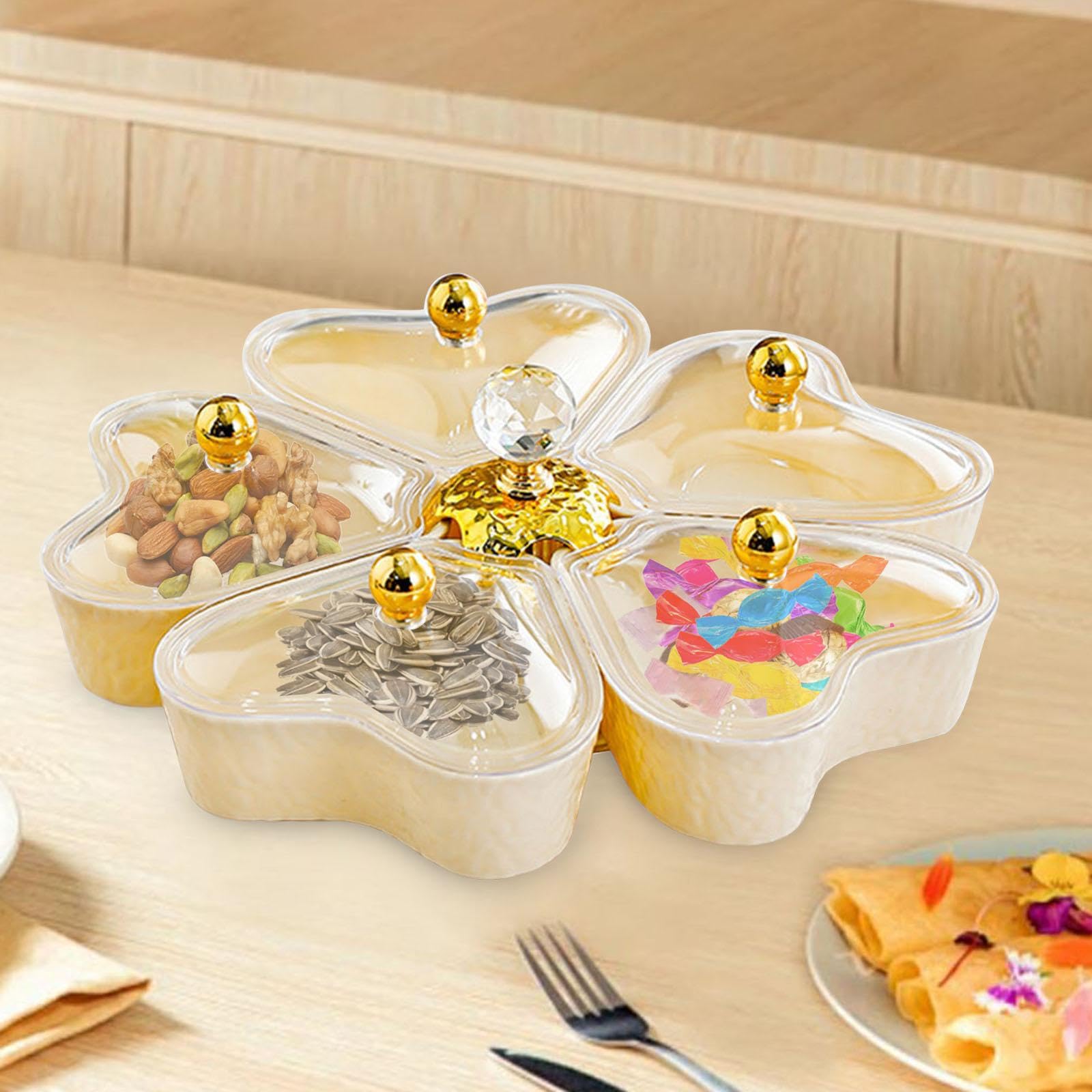 Plato de Servir Dividido, Plato Giratorio para Aperitivos, Bol para Servir Aperitivos, Bandeja para Aperitivos con 5 Compartimentos para Dulces, Choco, con Tapa Transparente, Individual