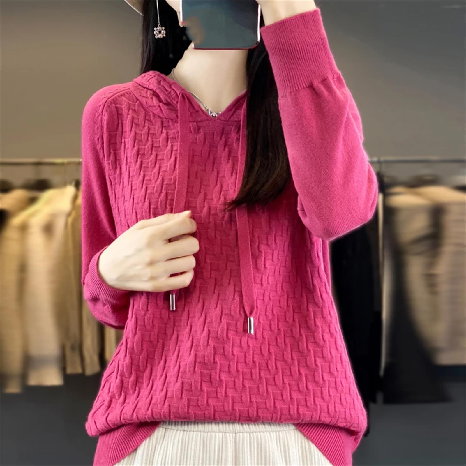 Yeuyyben Maglione da donna in misto lana Outwear camicia con cappuccio colletto pullover invernale fondo casual maglia top, Marrone e grigio., L