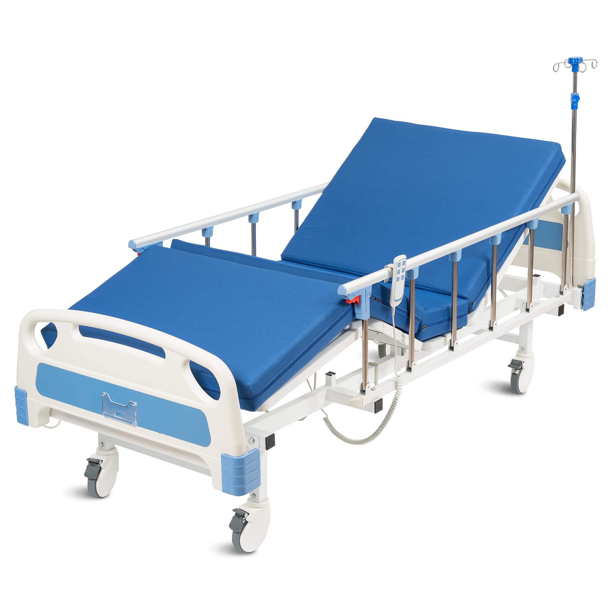 Real Relax Premium 2 Function Full Electric Hospital Bed, ICU Electric Medical Bed with 4 inch Foam Mattress & IV Pole, Dining Table Board and 5 inch Locking Casters, 530LBS Loading.