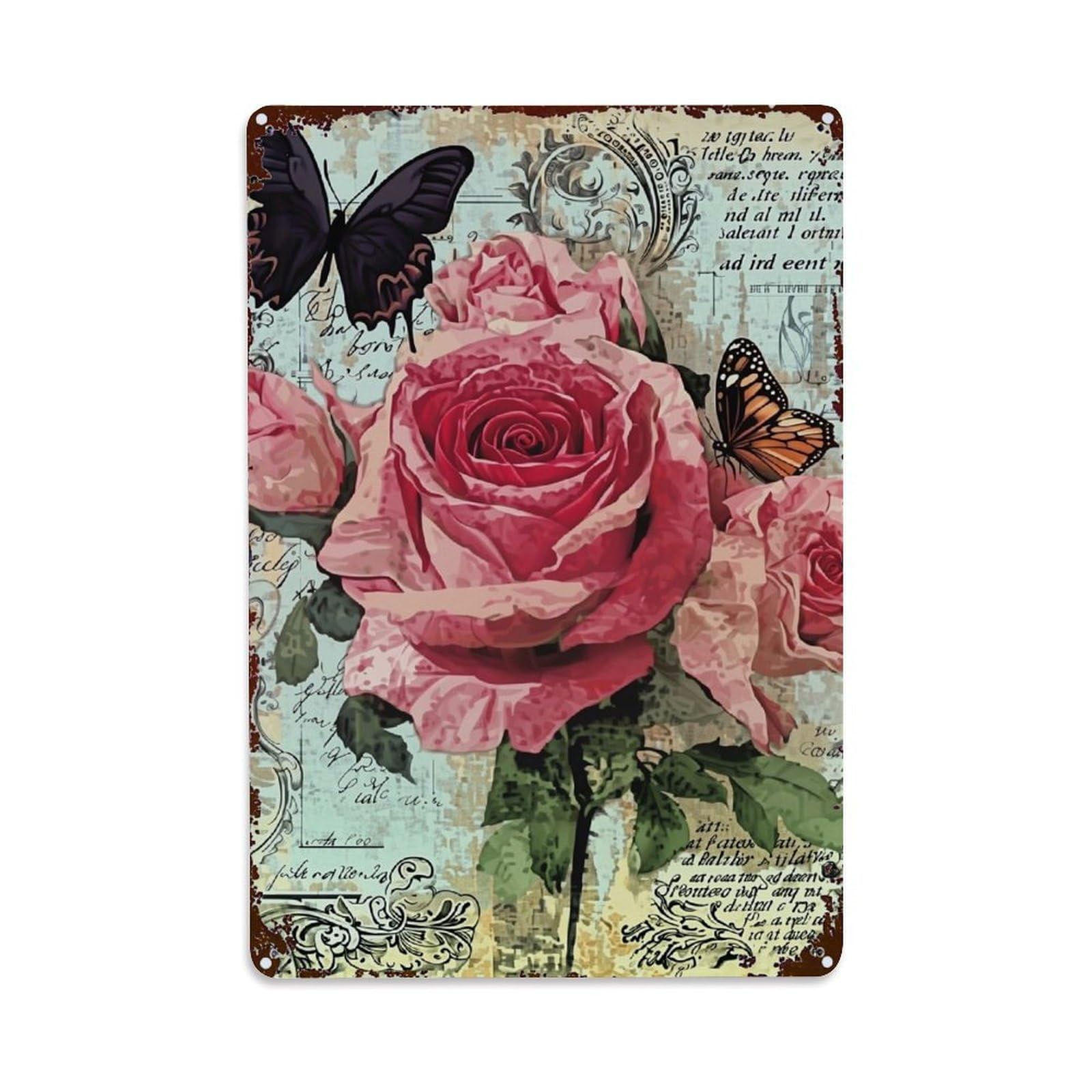 Jdfenggu Vintage Roses And Butterflies Pattern Retro Metal Tin Sign, Metal Poster For Bar, Home, Man Cave, Kitchen, Laundry Room Art Decor 8X12 Inch