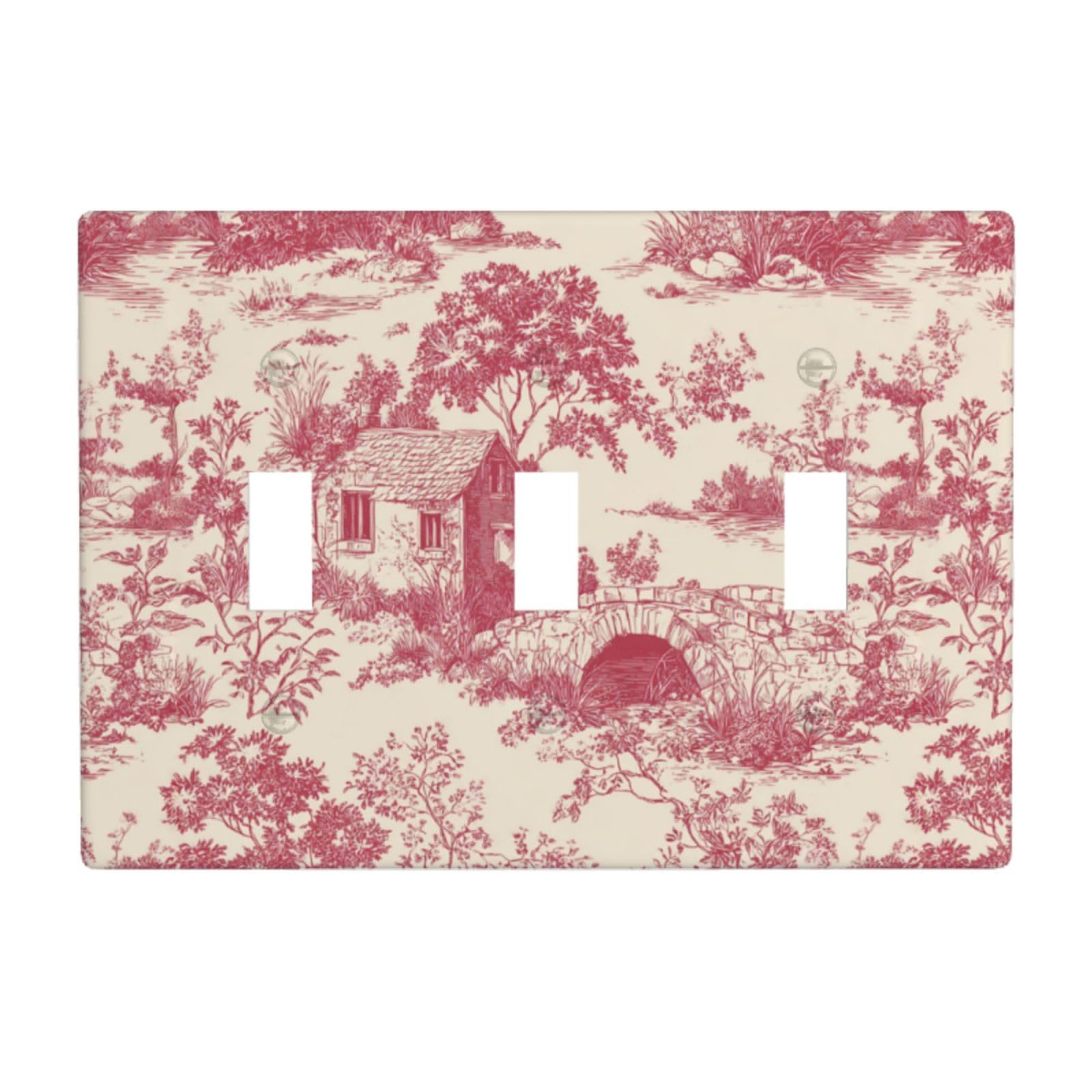 Pink Cottagecore Toile Pattern Light Switch Covers 3 Gang Triple Toggle Wall Plate Switchplate Electrical Faceplate for Bathroom Kitchen Bedroom Decor