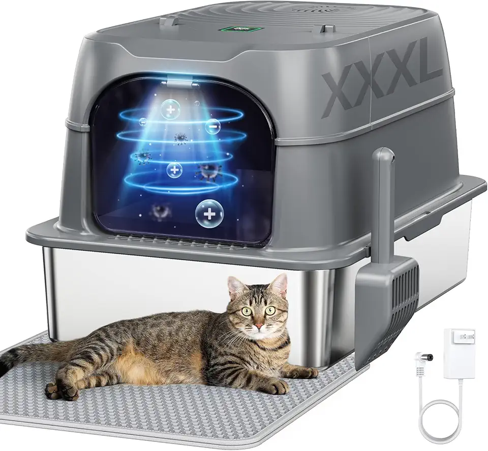 Caixa de areia inteligente para gatos com controle de odores, caixa de areia fechada de aço inoxidável XXL para gatos grandes, desodorizador de esterilização por plasma com pausa e monitoramento