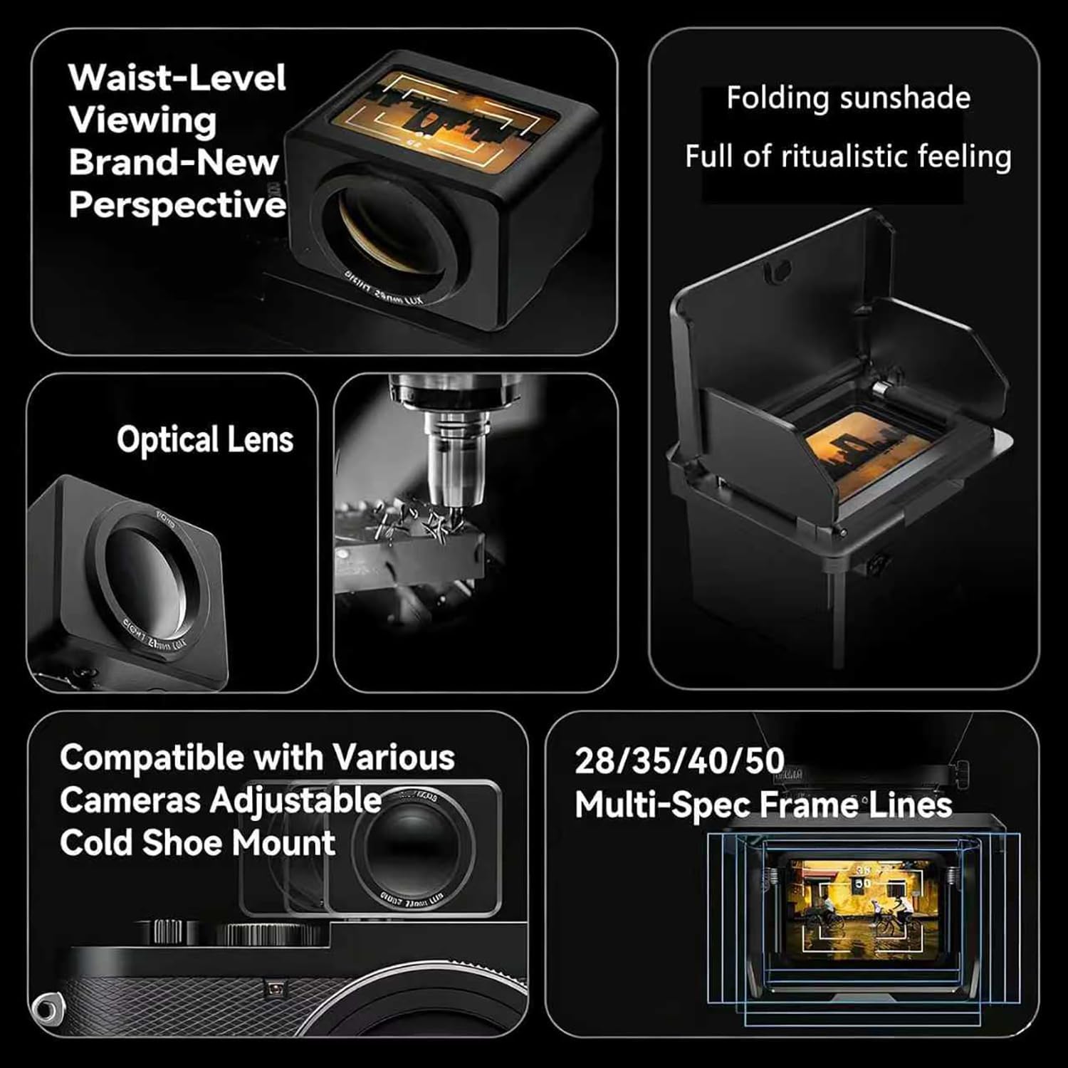 COYEUX Optical Waist Level Viewfinder, Camera External Optical Viewfinder, Detachable Anti-Glare Hood, Adjustable Hot/Cold Shoe Interface, for Universal Compatibility with Digital/Film Cameras