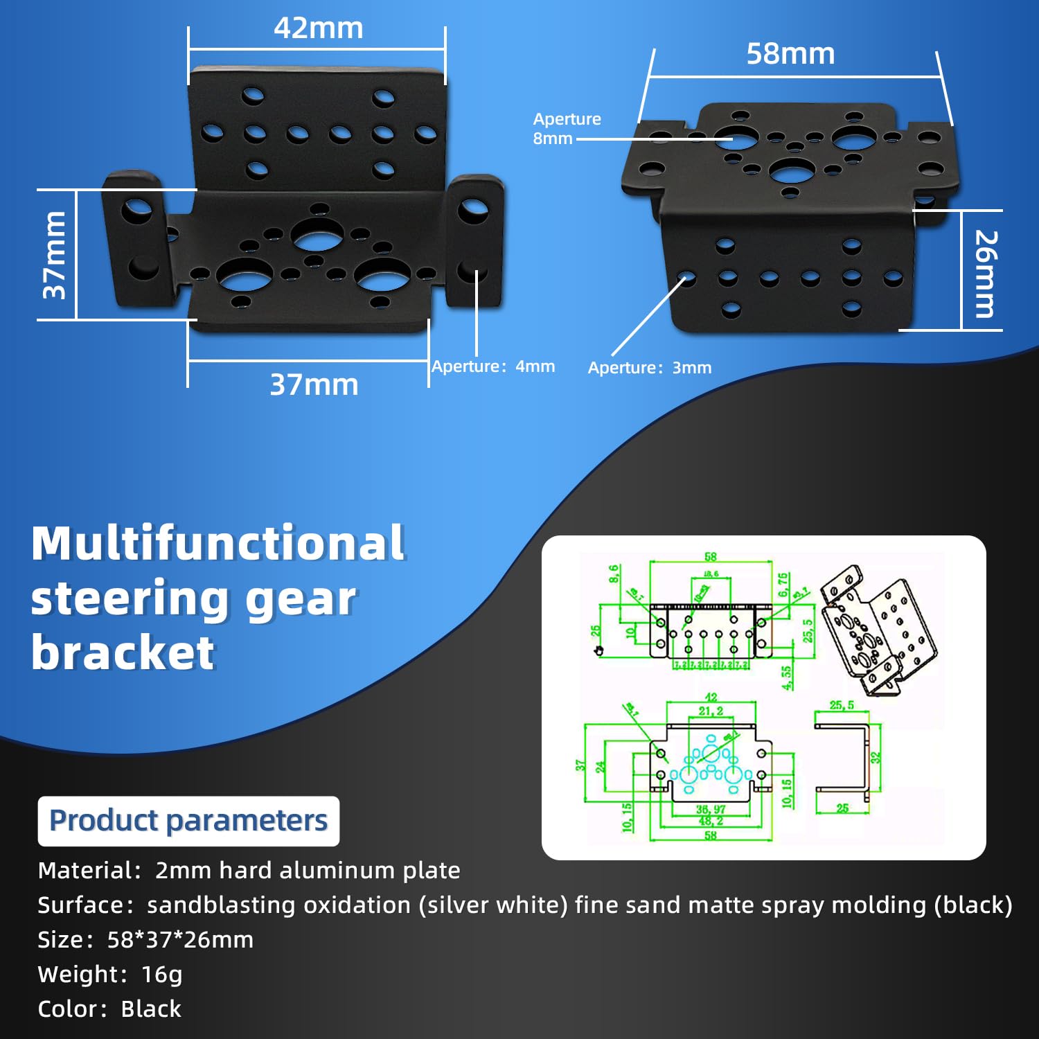 Staffa Supporto Per Servosterzo A Forma Di U/L – Adatto Per S3003, MG995, Colore Nero, Alluminio - Foto 4
