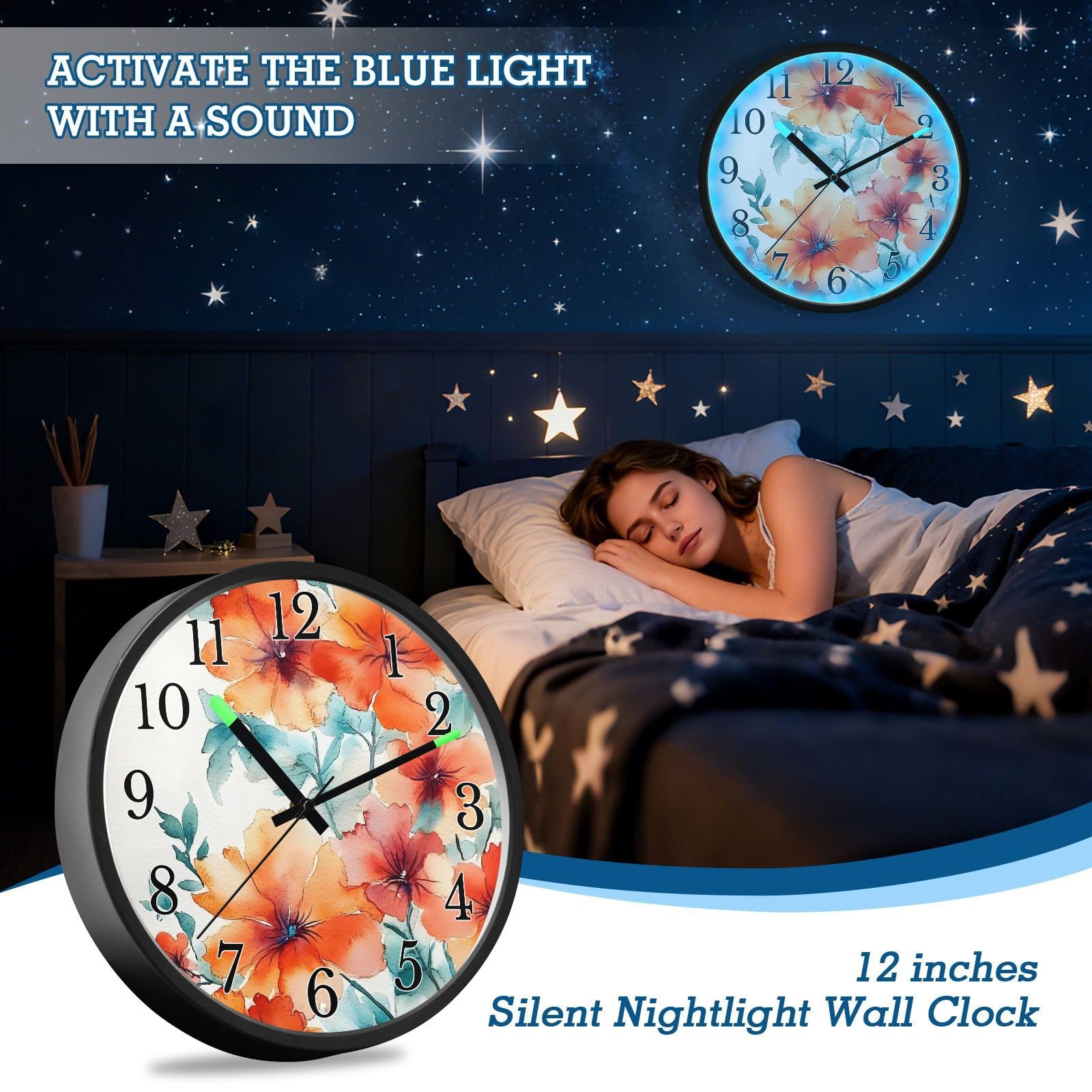 Mnsruu Reloj de pared luminoso con diseño de amapola y flores naranjas, reloj de pared que brilla en la oscuridad, funciona con pilas, silencioso, sin tictac, luz nocturna para dormitorio