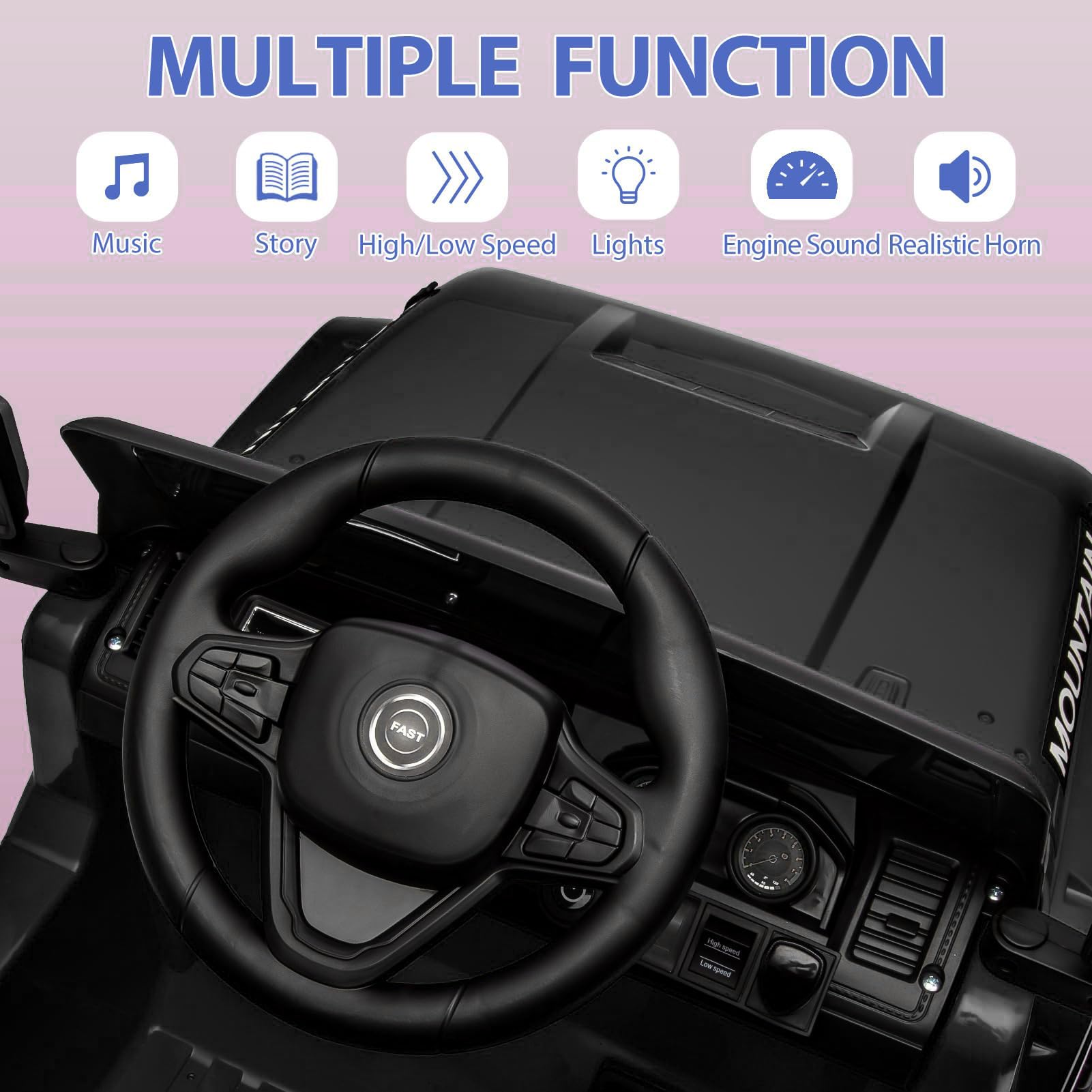 12V Kinder Elektroauto mit Fernbedienung – 2x35W Motoren, bis 5 km/h, LED-Lichter, Musik, Hupe, Federung, Sicherheitsgurt – Elektrisches Kinderfahrzeug Geschenk – Schwarz