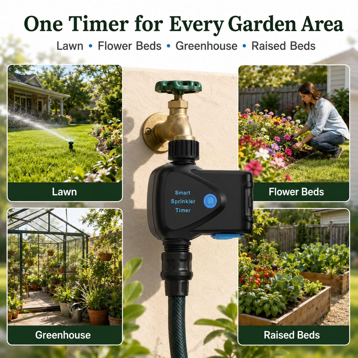 Temporizador de Riego WiFi con Medidor de Agua Integrado, Programador de Riego Inteligente sin Hub, Control por App 2,4 GHz, Riego por Volumen, Programación, IP65 para Jardín Césped Invernadero