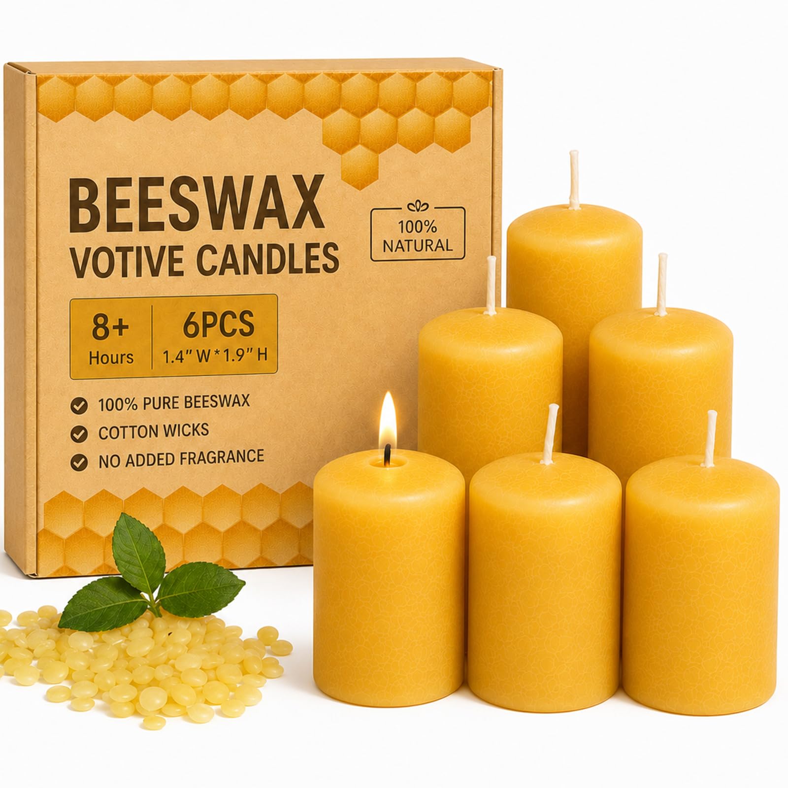 Beeswax Votive Candles, 8+ Hour Unscented Small Votive Candle | Steady Burn Beeswax Candles, 6 Pack, Lead-free Cotton Wick, Natural Yellow, Non-toxic for Home, Spa, Meditation, Prayer, Church