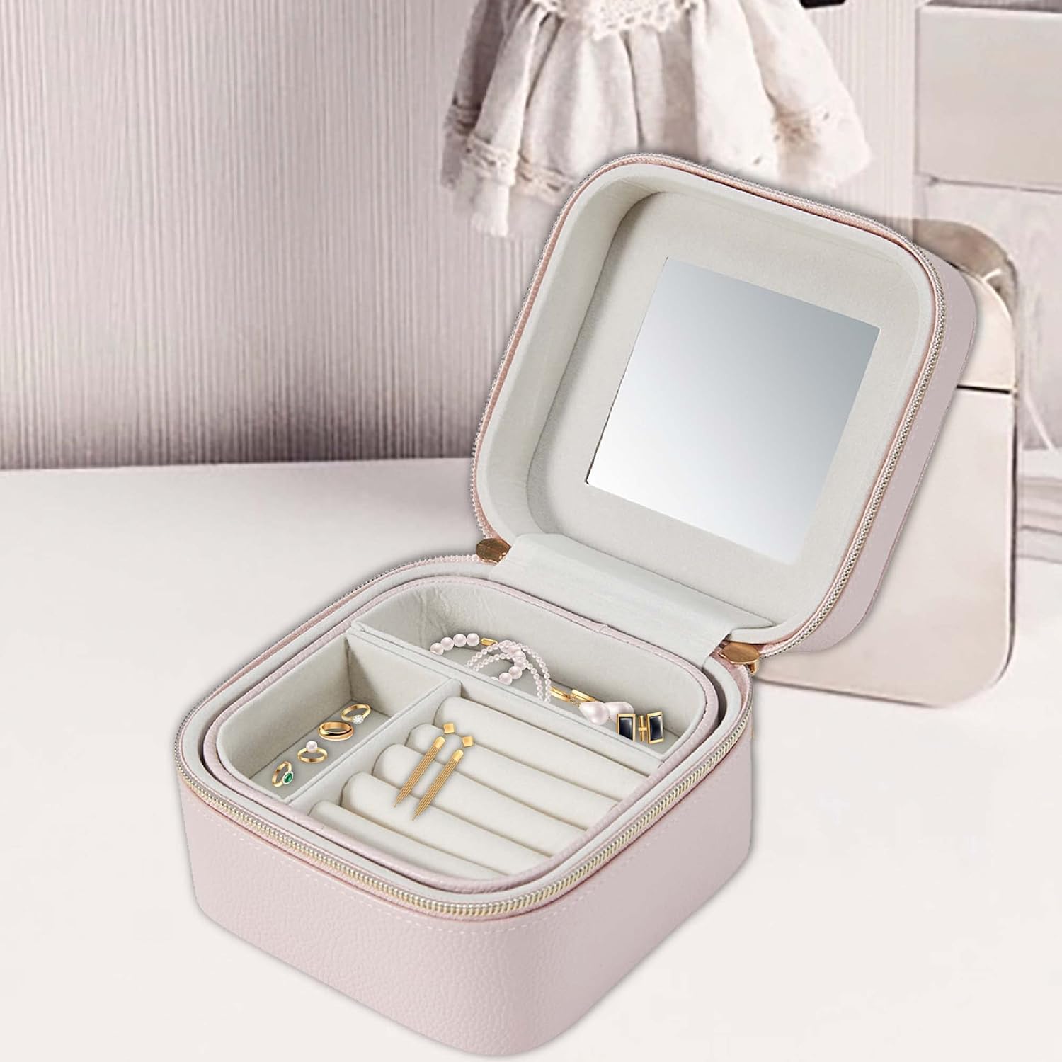 Anko Pink Large Jewellery Organisers Storage Box With Mirror & Zipper
