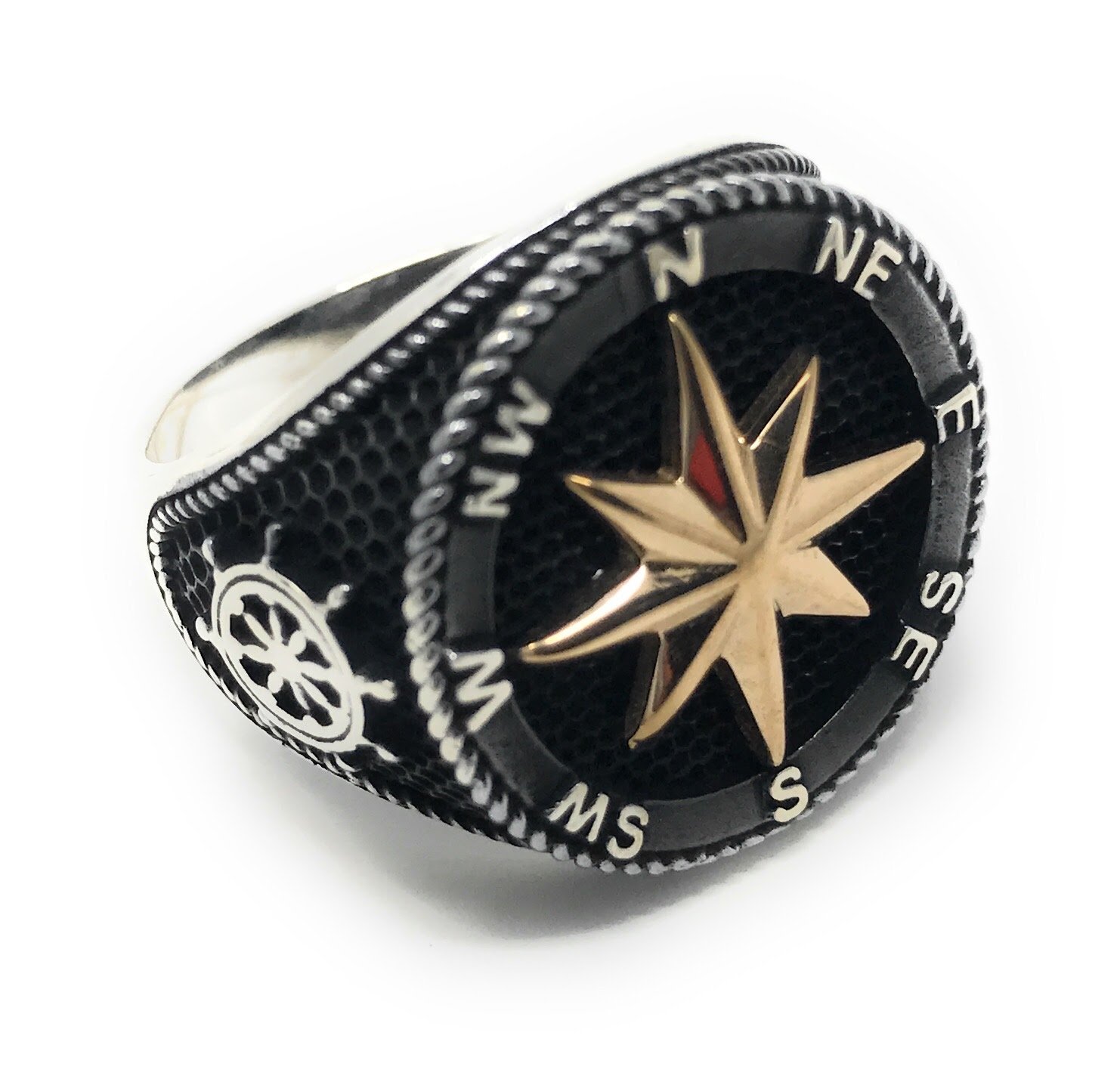 KAR925K Stamped Solid Sterling Silver Sailor's Compass Men's Ring P1I