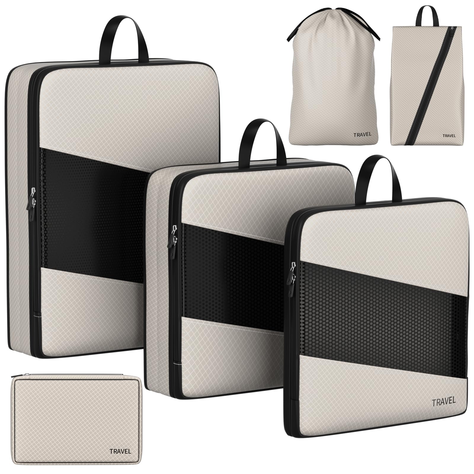 Ougrand 6 Set Compression Packing Cubes for Carry On Suitcase Travel Must Haves Travel Bags Organizer for Luggage Suitcase Organizer Bags Set for Travel Essentials Luggage Organizer Bags?Beige)