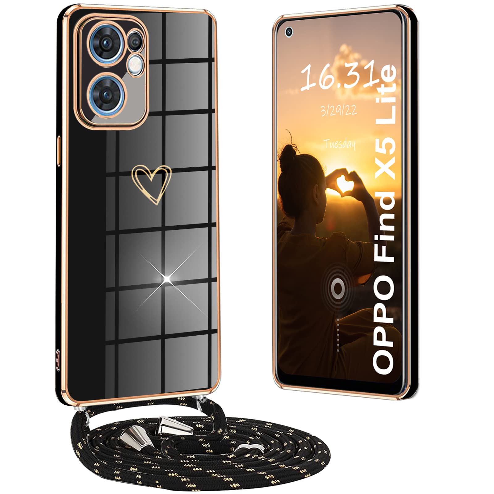Coque Avec Cordon De Cou Pour Oppo Find X5 – Housse Silicone TPU Transparente + Lanière Réglable, Noir