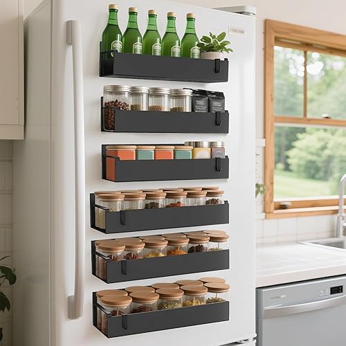 Miniatura 13 de Paquete de 4 organizadores magnéticos para especias para refrigerador y horno, estante magnético móvil para colgar especias de cocina con 4 ganchos,