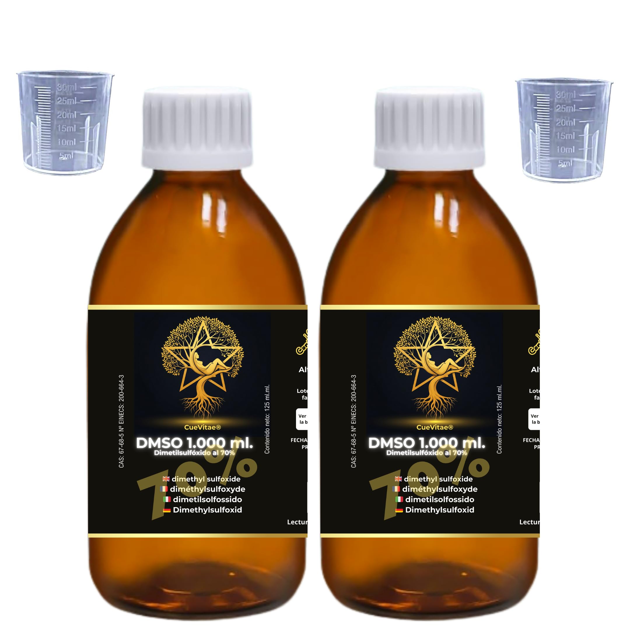 DMSO 70% 2x1000 ml | Dimetilsulfóxido | Vidrio | Lote de recipientes técnicos de precisión. Uso exclusivo laboratorio, solvente orgánico de alta pureza y uso general.