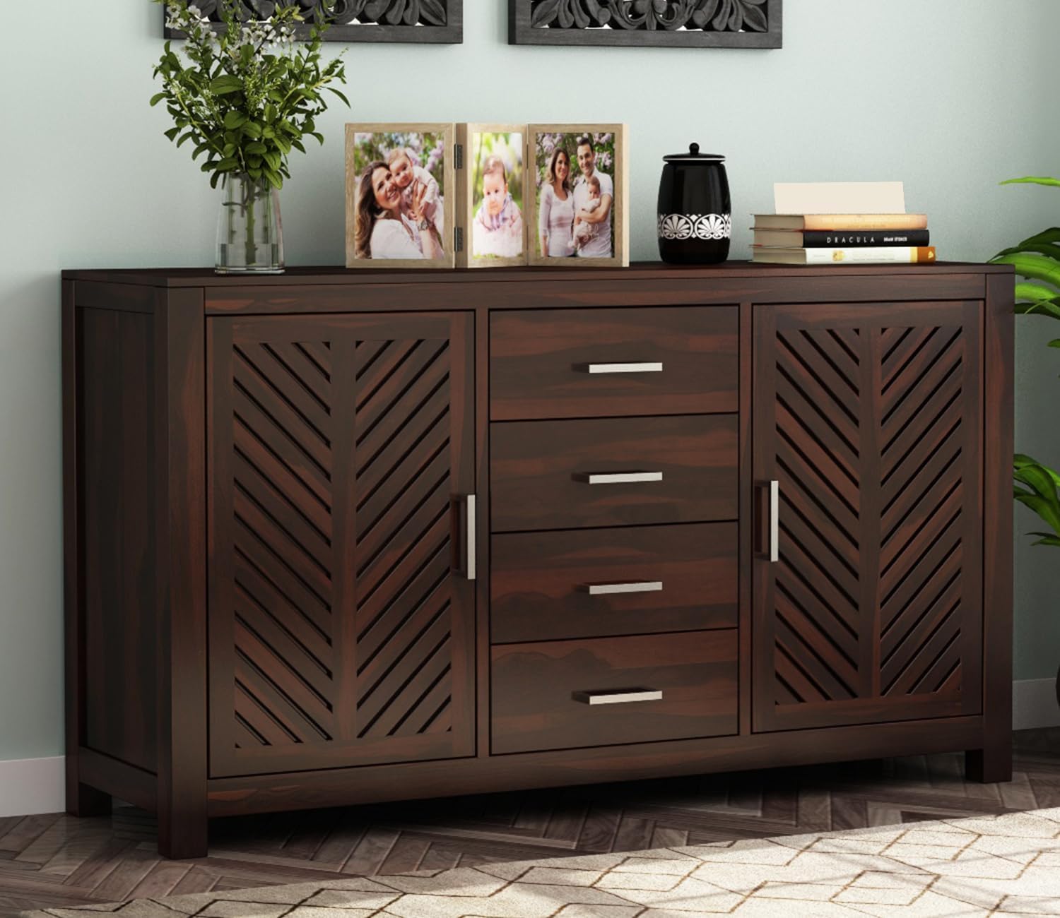 Solid Sheesham Wood Sideboard Cabinet – Multipurpose Wooden Storage Unit with 4 Drawers & 2 Door – Free-Standing Chest for Living Room, Dining Room & Entryway – Walnut Finish-image-45