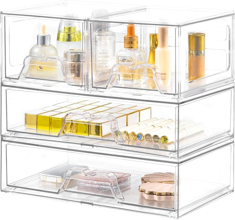 4 Pack Stackable Storage Drawers, Clear Acrylic Organizer, Makeup Organizer | with Pull-out Drawer,Pantry Organization for Beauty Supplies,Ideal for Vanity, Bathroom,Cabinet